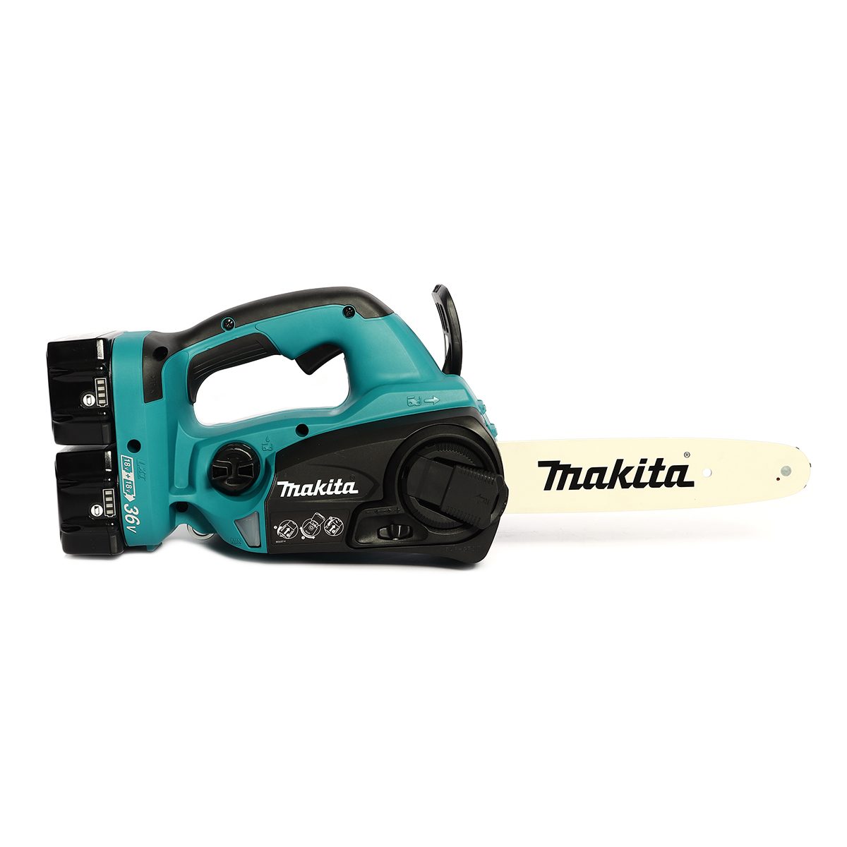 MAKITA เลื่อยโซ่ไร้สาย 36 โวลต์ ความยาวบาร์ 10 นิ้ว (250 มม.) รุ่น DUC252RT2 ถังน้ำมันโซ่ 85 มล. ความยาวในการตัด 238 มม. (9-3/8 นิ้ว) รวมแบต