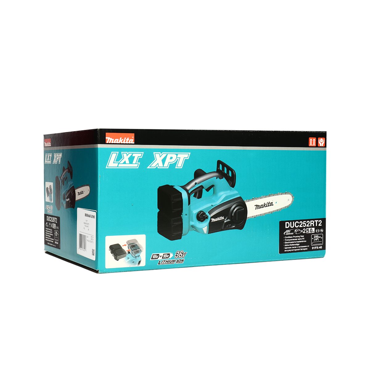 MAKITA เลื่อยโซ่ไร้สาย 36 โวลต์ ความยาวบาร์ 10 นิ้ว (250 มม.) รุ่น DUC252RT2 ถังน้ำมันโซ่ 85 มล. ความยาวในการตัด 238 มม. (9-3/8 นิ้ว) รวมแบต