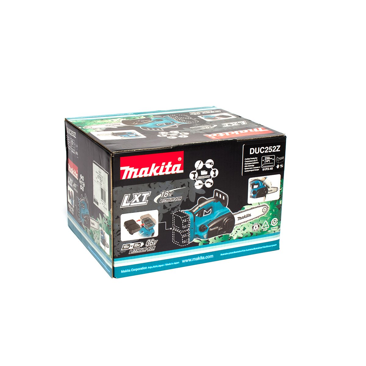 MAKITA เลื่อยโซ่ไร้สาย 36 โวลต์ ความยาวบาร์ 10 นิ้ว (250 มม.) รุ่น DUC252Z ถังน้ำมันโซ่ 85 มล. ความยาวในการตัด 238 มม. (9-3/8 นิ้ว) ไม่รวมแบ