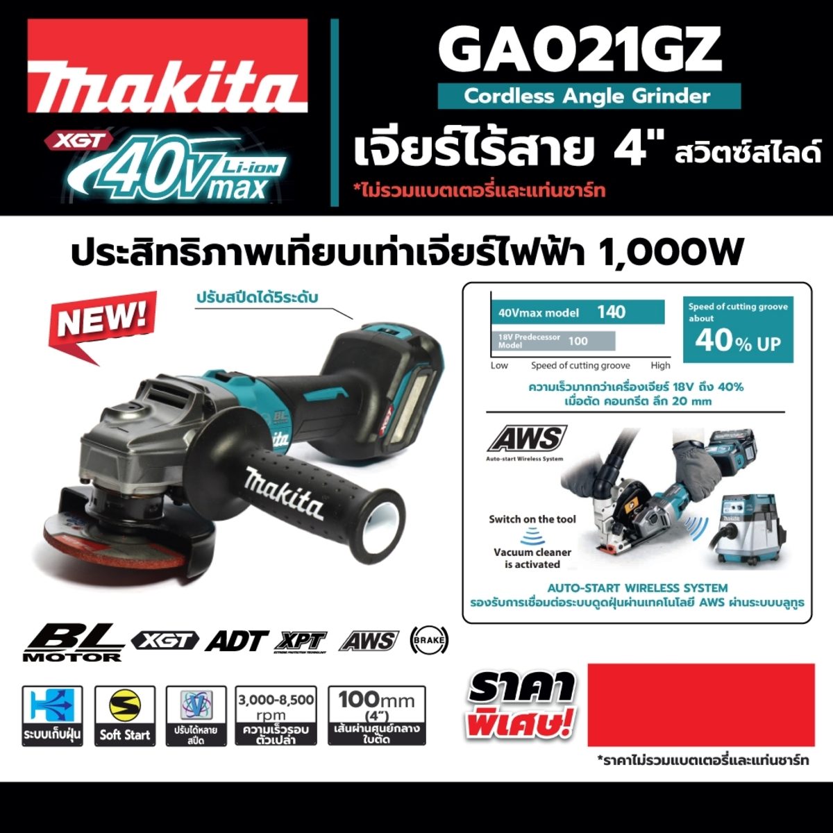 MAKITA เครื่องเจียไร้สาย 40 โวลต์ ขนาด 4 นิ้ว รุ่น GA021GZ ความเร็วรอบตัวเปล่า 3,000-8,500 รอบ/นาที ปรับรอบได้ สวิตซ์สไลด์ ไม่รวมแบตเตอรี่แล