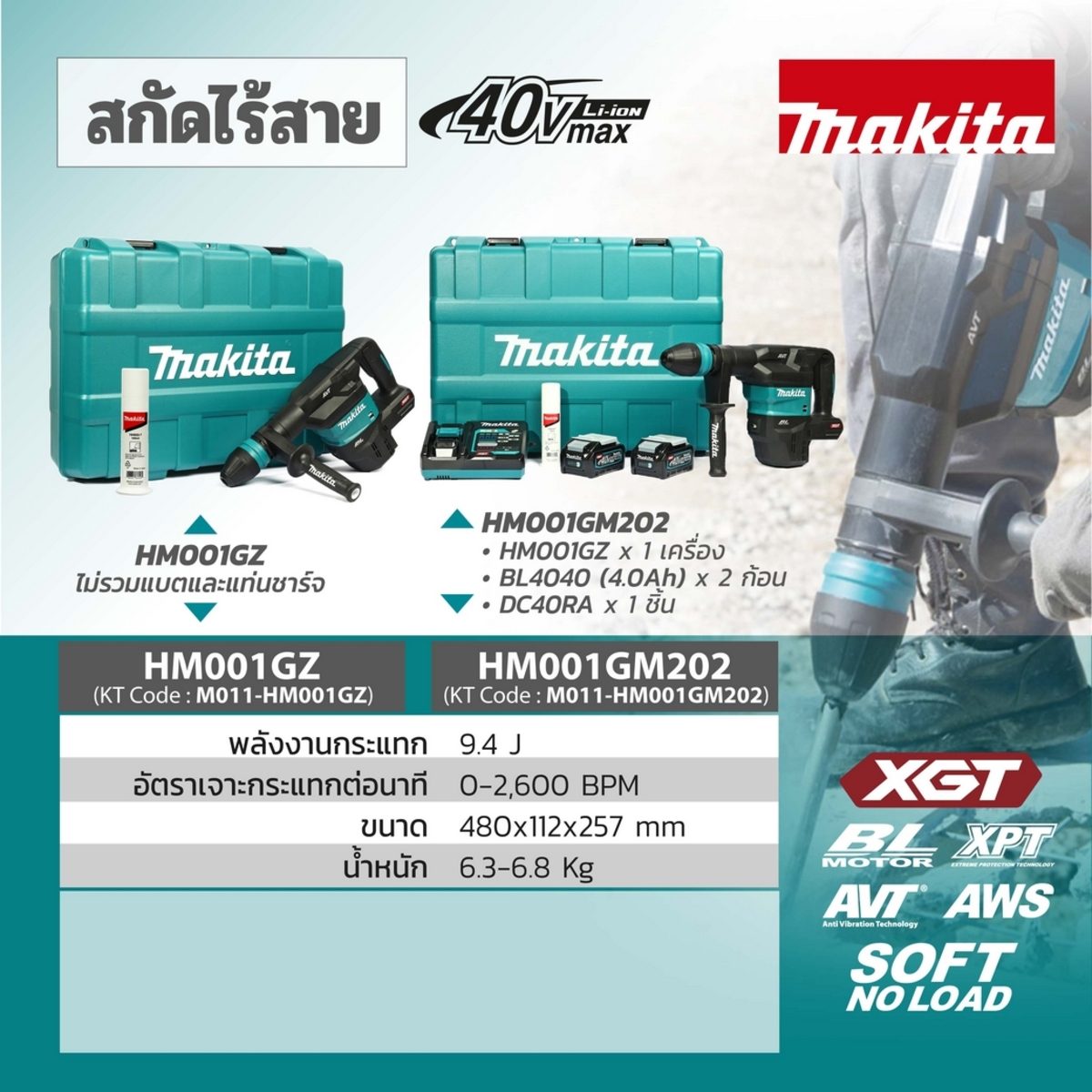 MAKITA เครื่องสกัดไร้สาย 40 โวลต์ ขนาด 18 มม. (11/16 นิ้ว) รุ่น HM001GZ ใช้กับดอกสว่าน SDS-MAX พลังงานการกระแทก EPTA 9.4 จูล ไม่รวมแบตเตอรี่