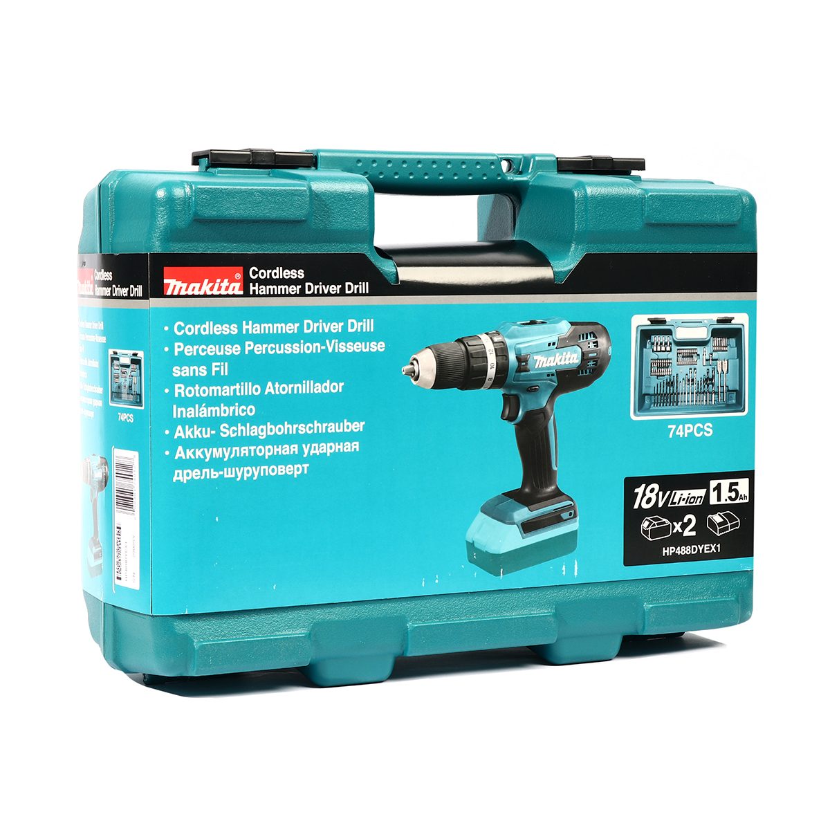 MAKITA สว่านกระแทกไร้สาย G-TYPE 18 โวลต์ ขนาด 13 มม. (1/2 นิ้ว) รุ่น HP488DYEX1 แรงบิดหมุน 38 นิวตันเมตร พร้อมอุปกรณ์เสริม 74 ชิ้น รวมแบตเตอ