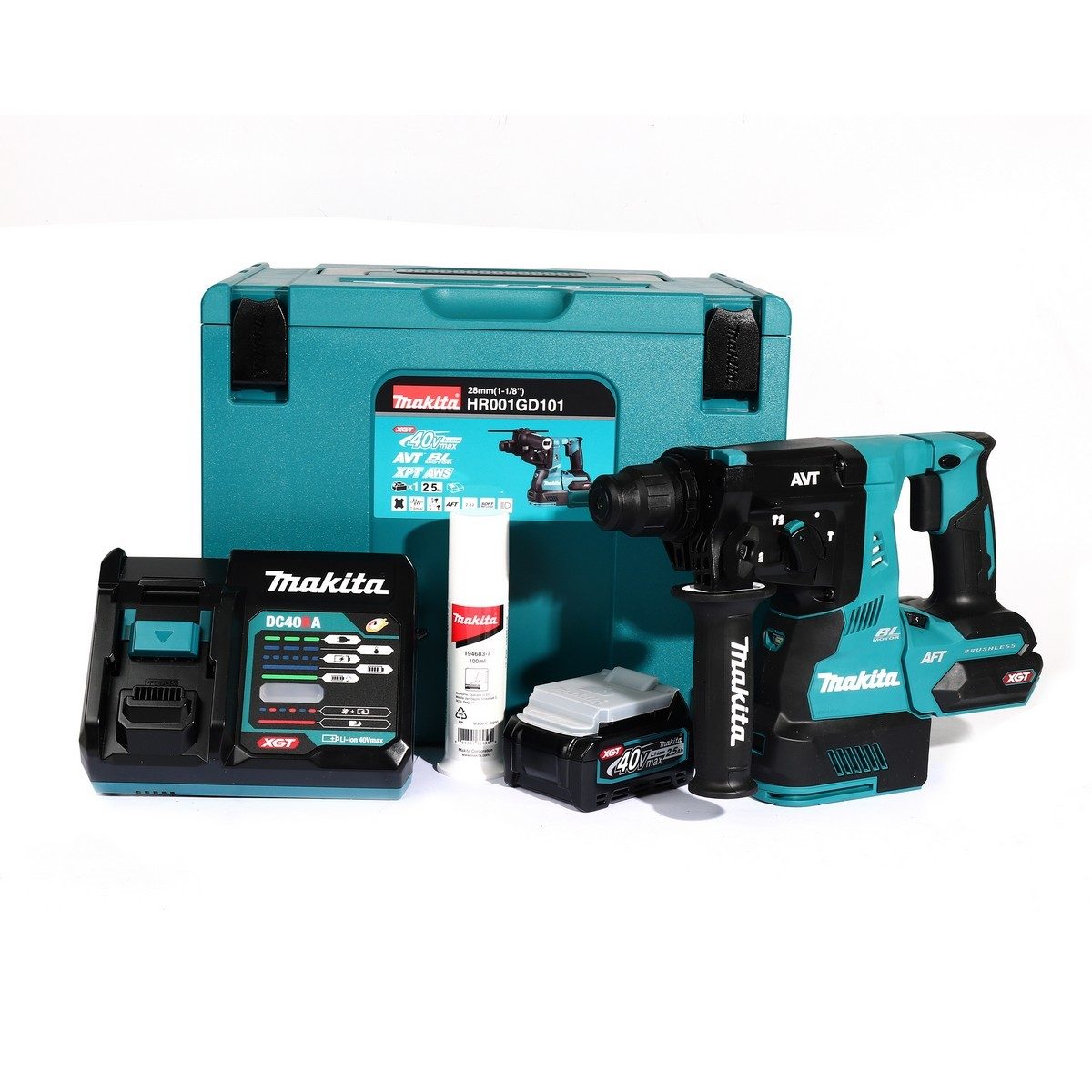 MAKITA สว่านโรตารี่ไร้สาย 40 โวลต์ ขนาด 28 มม. (1-1/8 นิ้ว) รุ่น HR001GD101 ขนาดหัวจับดอกสว่าน 1/2 นิ้ว ใช้กับดอกสว่าน SDS PLUS รวมแบตเตอรี่