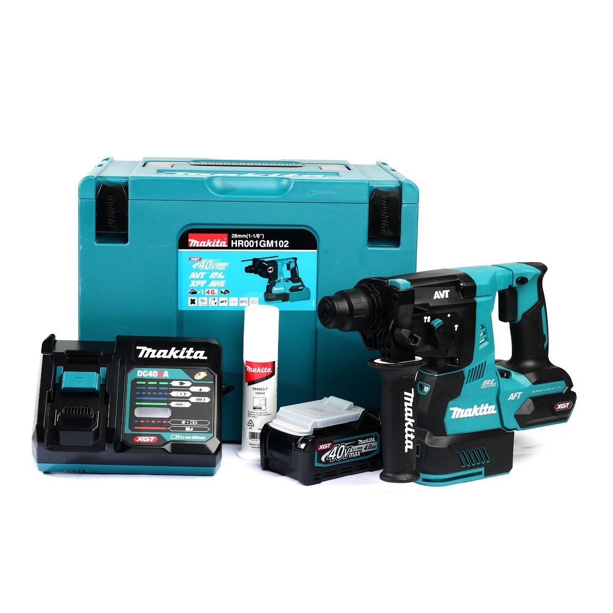 MAKITA สว่านโรตารี่ไร้สาย 40 โวลต์ ขนาด 28 มม. (1-1/8 นิ้ว) รุ่น HR001GM102 ขนาดหัวจับดอกสว่าน 1/2 นิ้ว ใช้กับดอกสว่าน SDS PLUS รวมแบตเตอรี่