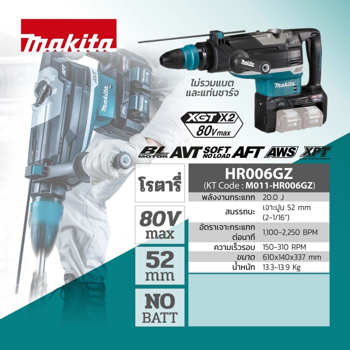 MAKITA สว่านโรตารี่ไร้สาย 80 โวลต์ ขนาด 52 มม. (2-1/16 นิ้ว) รุ่น HR006GZ ใช้กับดอกสว่าน SDS-MAX พลังงานการกระแทก EPTA 21.4 จูล ไม่รวมแบตเตอ