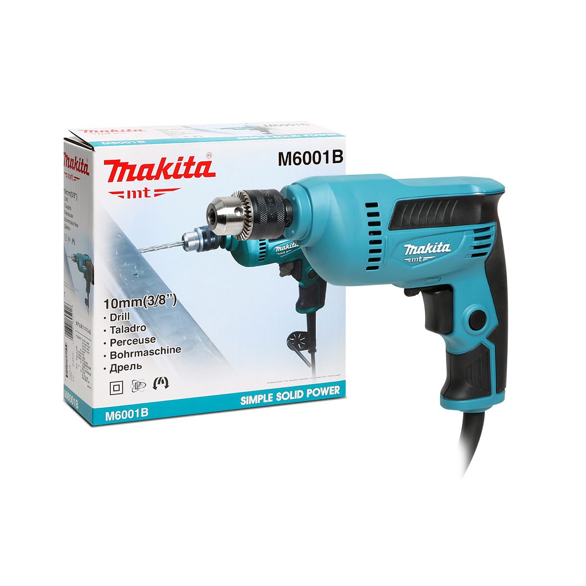 MAKITA สว่านไฟฟ้า ขนาด 3/8 นิ้ว กำลังไฟ 450 วัตต์ รุ่น M6001B เจาะเหล็ก 10 มม. เจาะไม้ 25 มม. ความเร็วรอบตัวเปล่า 0-3,000 รอบ/นาที ปรับรอบซ้
