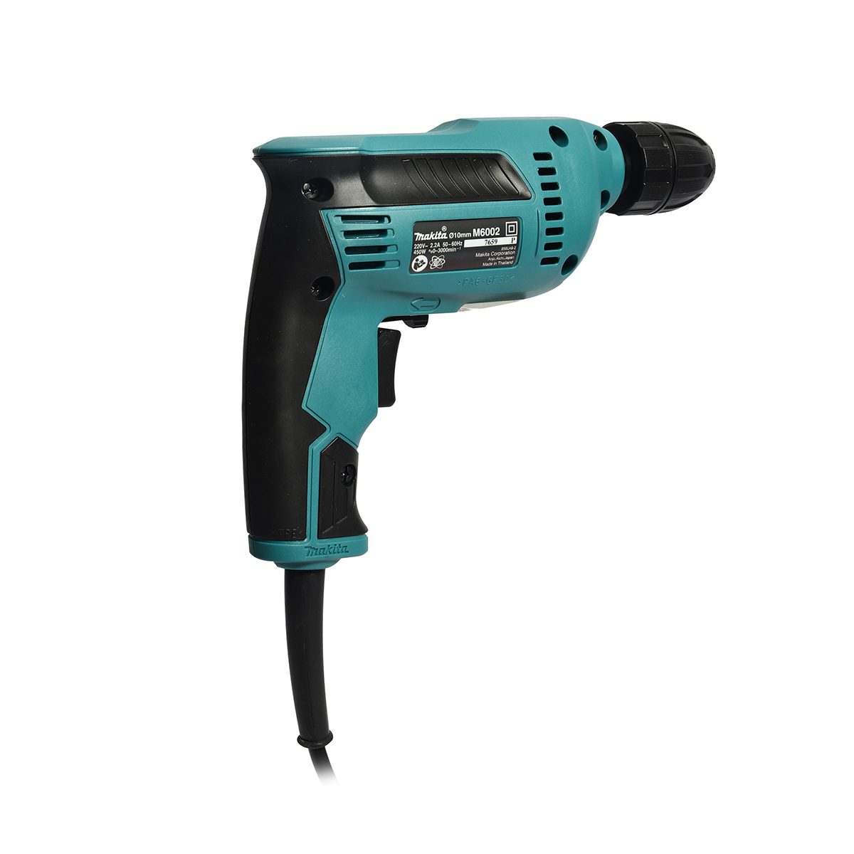 MAKITA สว่านไฟฟ้า ขนาด 3/8 นิ้ว กำลังไฟ 450 วัตต์ รุ่น M6002B เจาะเหล็ก 10 มม. เจาะไม้ 25 มม. ความเร็วรอบตัวเปล่า 0-3,000 รอบ/นาที ฉนวนสองชั