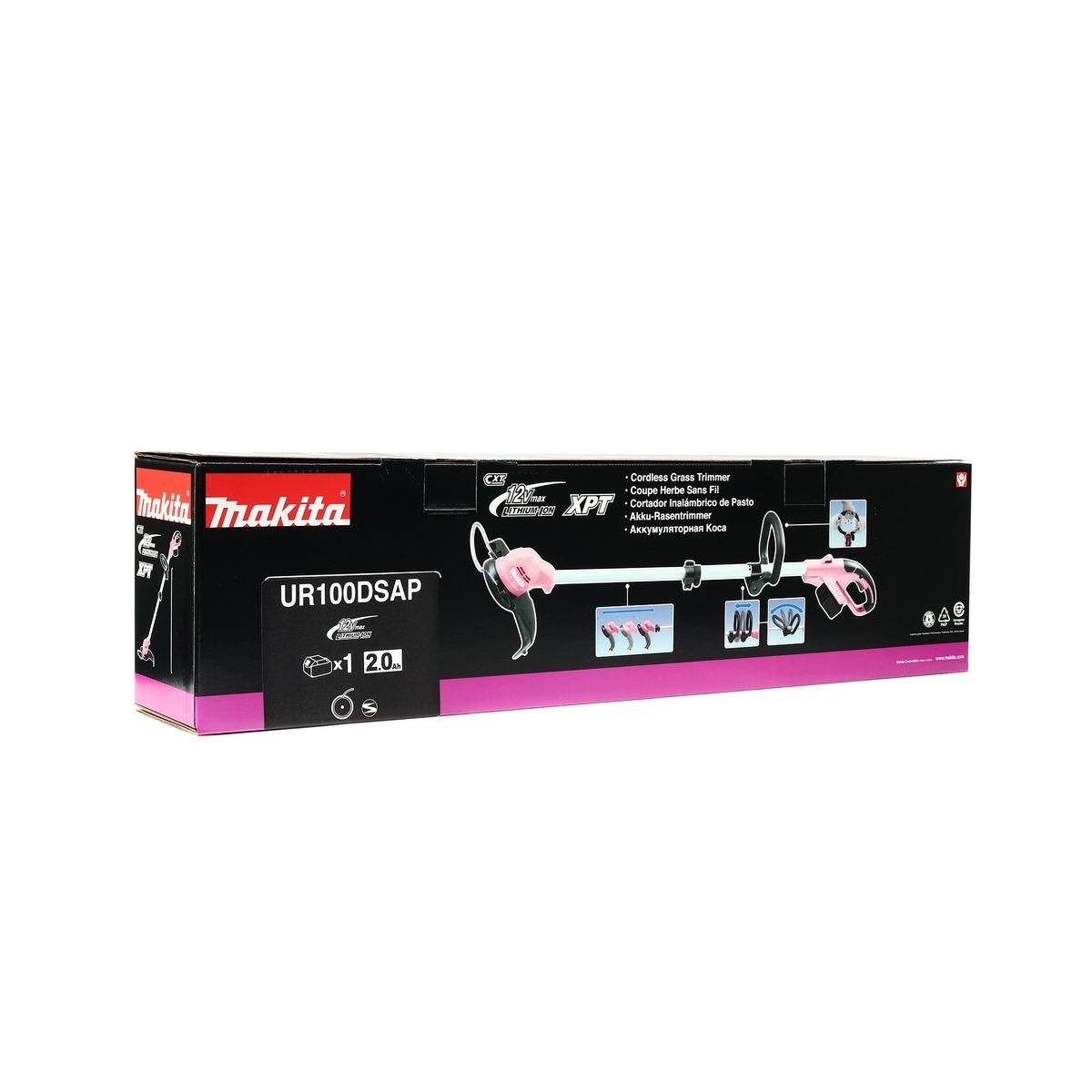 MAKITA เครื่องตัดหญ้าไร้สาย 12 โวลต์ สีชมพู รุ่น UR100DSAP ความเร็วรอบตัวเปล่า 10,000 รอบ/นาที UR100DSAP รวมแบตเตอรี่-แท่นชาร์จ (มากีต้า)