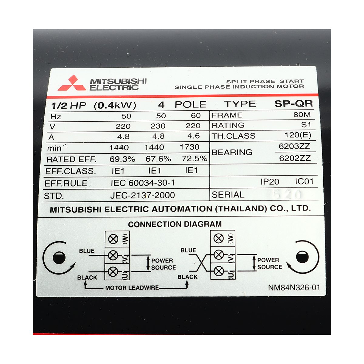 มอเตอร์ MITSUBISHI รุ่น SP-QR กำลัง 1/2 แรงม้า (0.4 กิโลวัตต์) 1 เฟส 220 โวลต์ 4 โพล 2 สาย IP20 ความเร็วรอบ 1450 RPM (รอบต่อนาที)