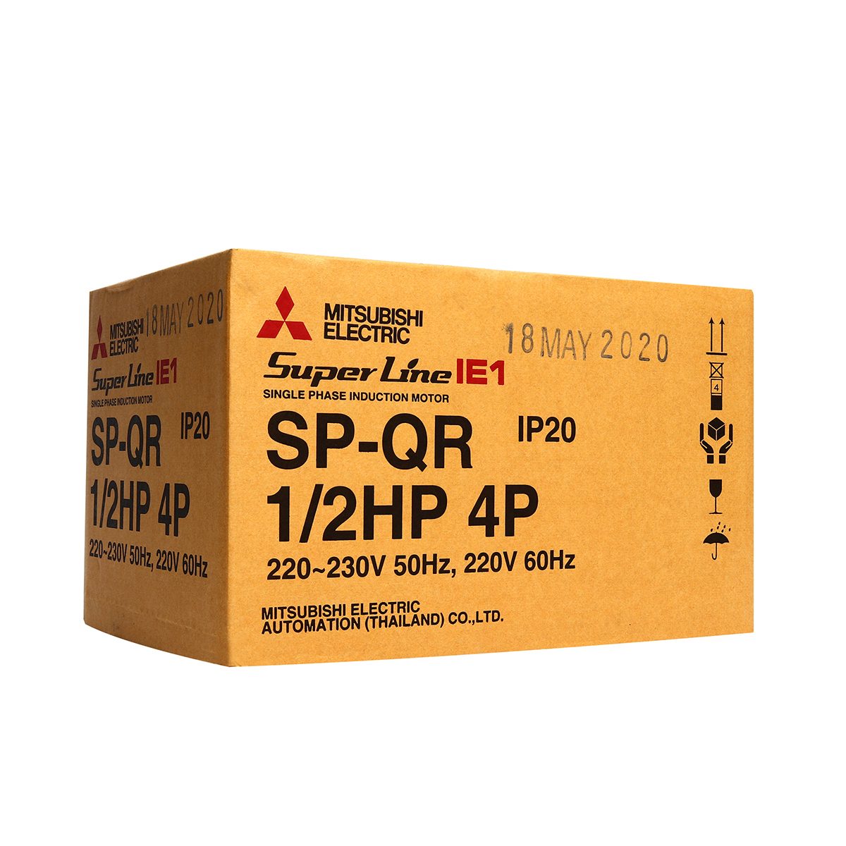 มอเตอร์ MITSUBISHI รุ่น SP-QR กำลัง 1/2 แรงม้า (0.4 กิโลวัตต์) 1 เฟส 220 โวลต์ 4 โพล 2 สาย IP20 ความเร็วรอบ 1450 RPM (รอบต่อนาที)