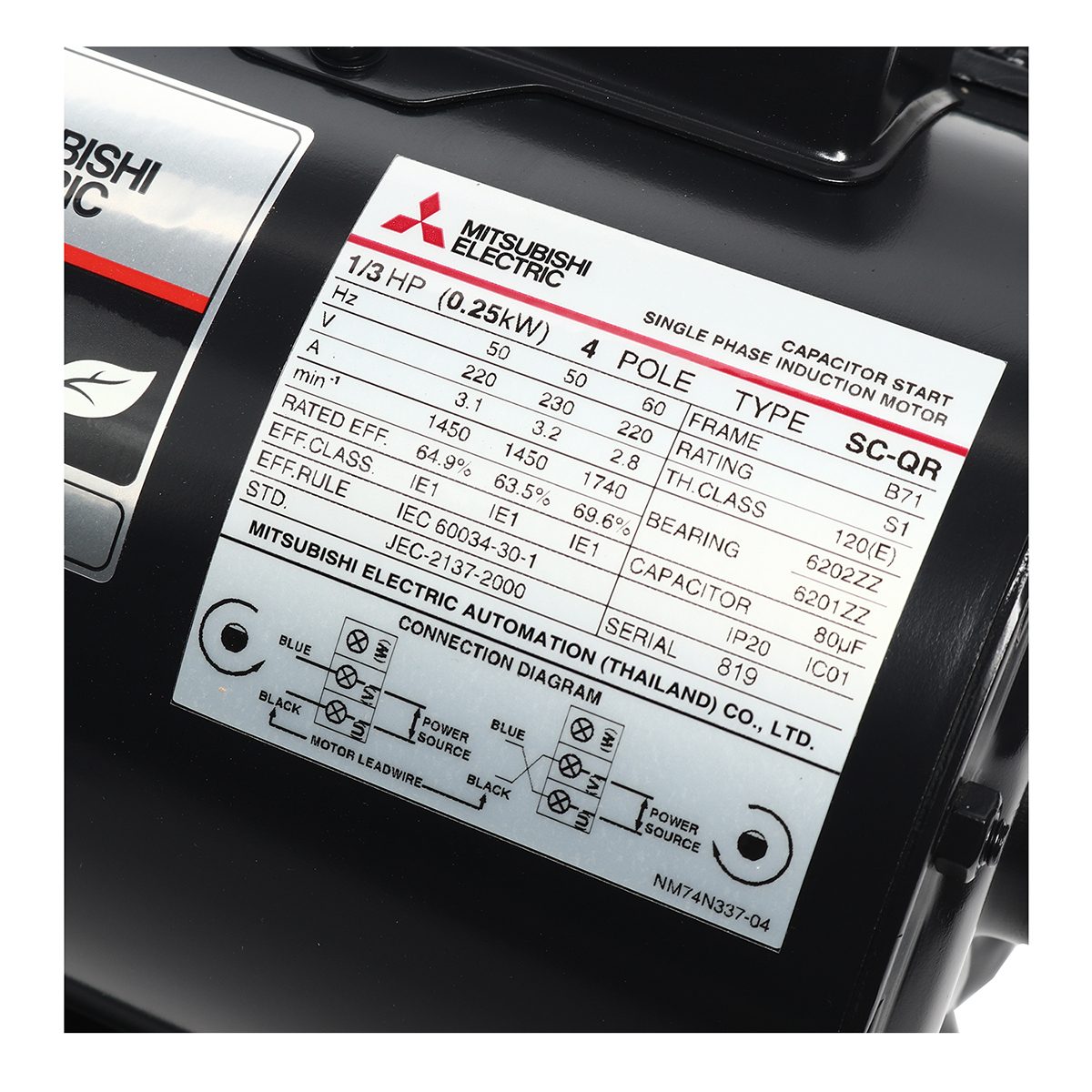 มอเตอร์ MITSUBISHI รุ่น SC-QR กำลัง 1/3 แรงม้า (0.25 กิโลวัตต์) 1 เฟส 220 โวลต์ 4 โพล 2 สาย IP20 ความเร็วรอบ 1450 RPM (รอบต่อนาที)