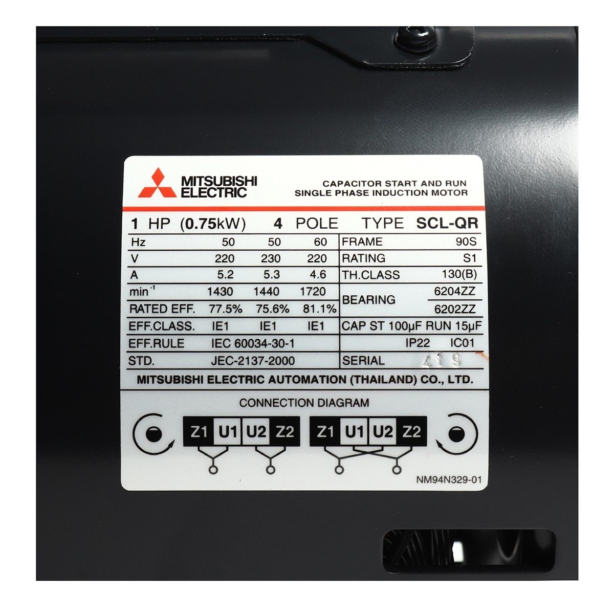 มอเตอร์ MITSUBISHI รุ่น SCL-QR กำลัง 1 แรงม้า (0.75 กิโลวัตต์) 1 เฟส 220 โวลต์ 4 โพล 2 สาย IP22 ความเร็วรอบ 1450 RPM (รอบต่อนาที)