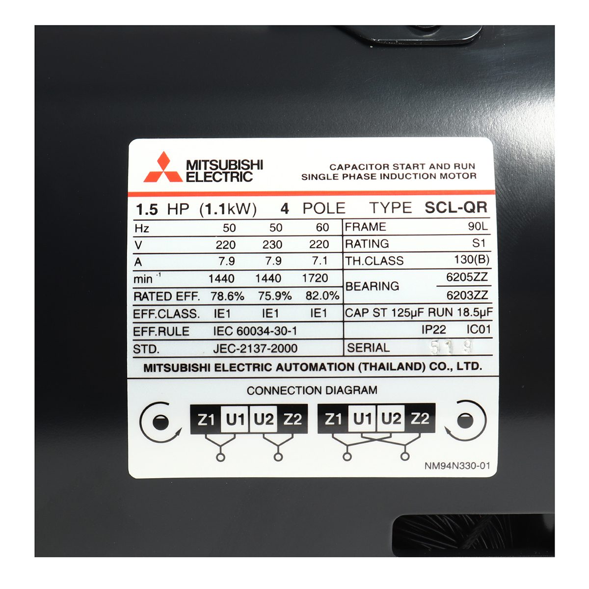 มอเตอร์ MITSUBISHI รุ่น SCL-QR กำลัง 1.5 แรงม้า (1.1 กิโลวัตต์) 1 เฟส 220 โวลต์ 4 โพล 2 สาย IP22 ความเร็วรอบ 1450 RPM (รอบต่อนาที)
