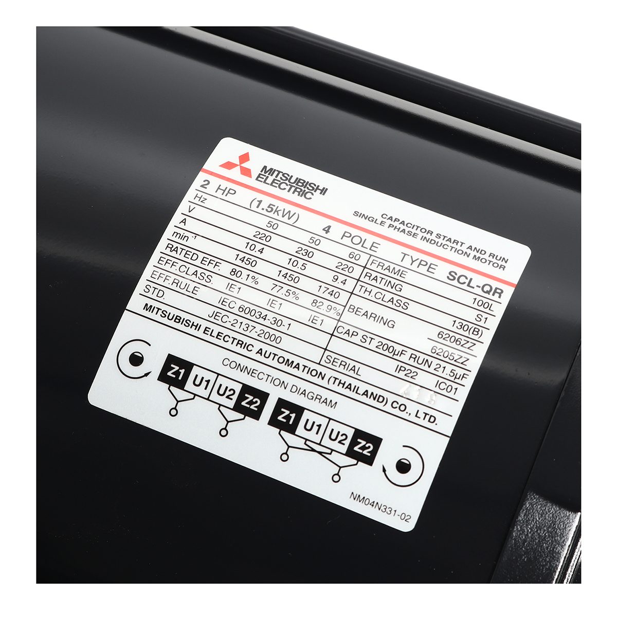 มอเตอร์ MITSUBISHI รุ่น SCL-QR กำลัง 2 แรงม้า (1.5 กิโลวัตต์) 1 เฟส 220 โวลต์ 4 โพล 2 สาย IP22 ความเร็วรอบ 1450 RPM (รอบต่อนาที)