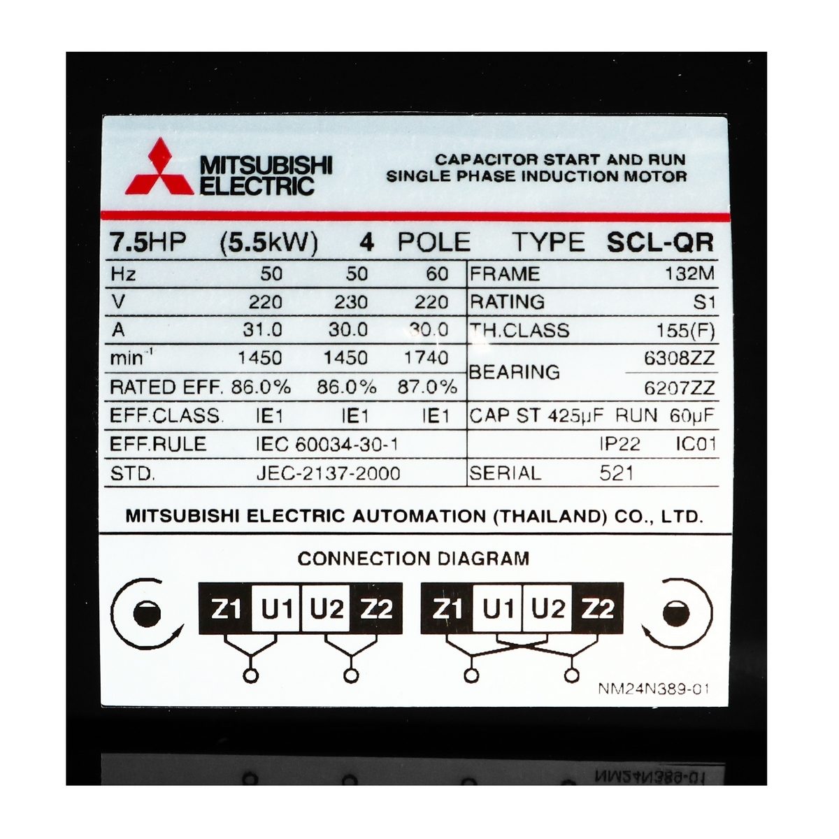 มอเตอร์ MITSUBISHI รุ่น SCL-QR กำลัง 7.5 แรงม้า (5.5 กิโลวัตต์) 1 เฟส 220 โวลต์ 4 โพล 2 สาย IP22 ความเร็วรอบ 1450 RPM (รอบต่อนาที)