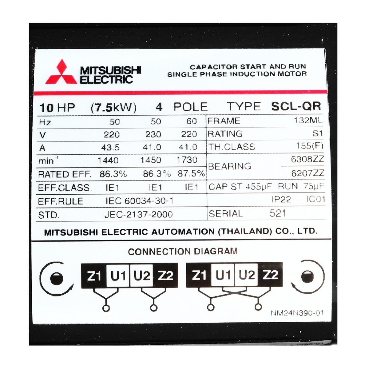 มอเตอร์ MITSUBISHI รุ่น SCL-QR กำลัง 10 แรงม้า (7.5 กิโลวัตต์) 1 เฟส 220 โวลต์ 4 โพล 2 สาย IP22 ความเร็วรอบ 1450 RPM (รอบต่อนาที)
