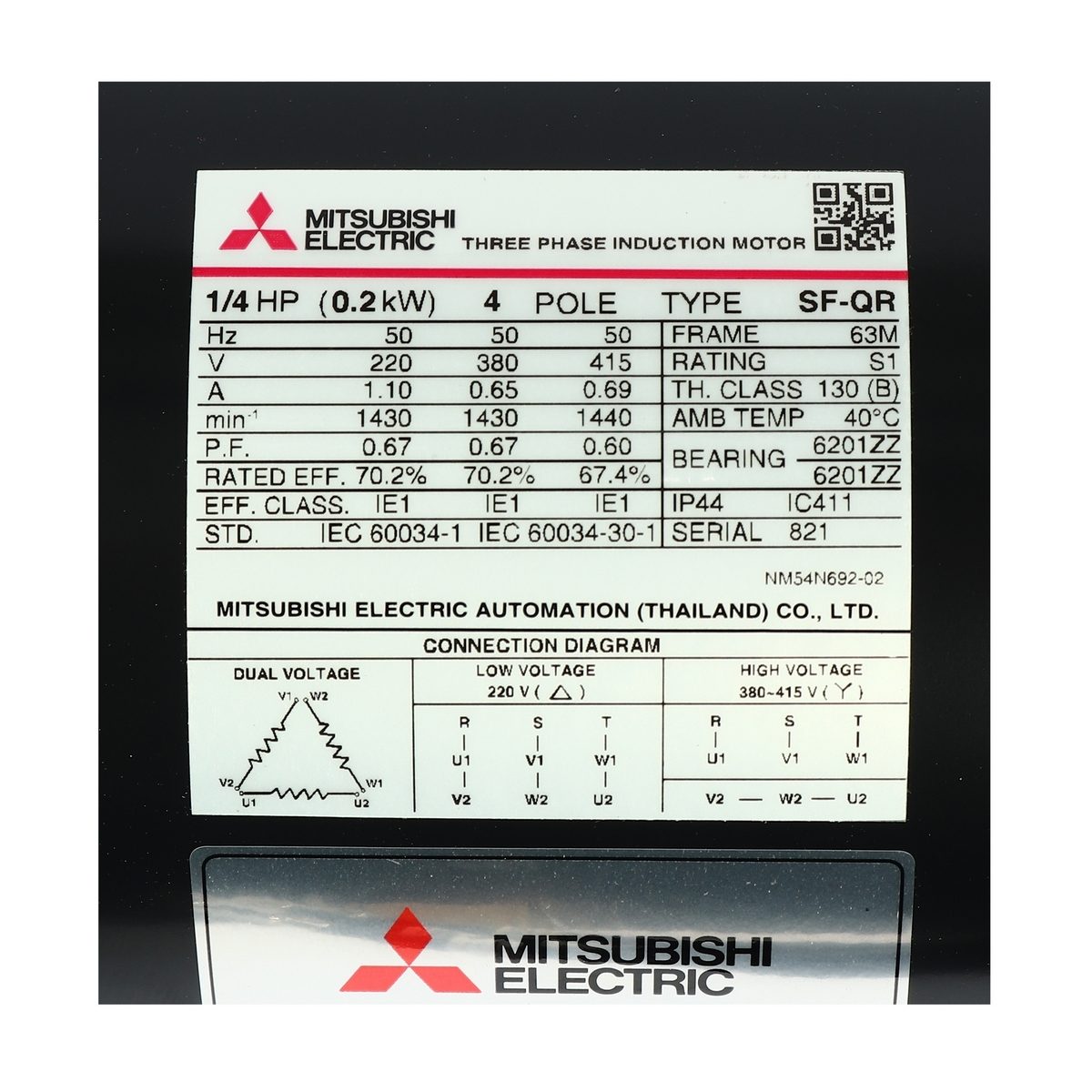 MITSUBISHI มอเตอร์ รุ่น SF-QR กำลัง 1/4 แรงม้า (0.2 กิโลวัตต์) ชนิดหุ้มมิด 3 เฟส 220/380 โวลต์ 4 โพล 3 สาย IP44 ความเร็วรอบ 1450 รอบ/นาที (ม