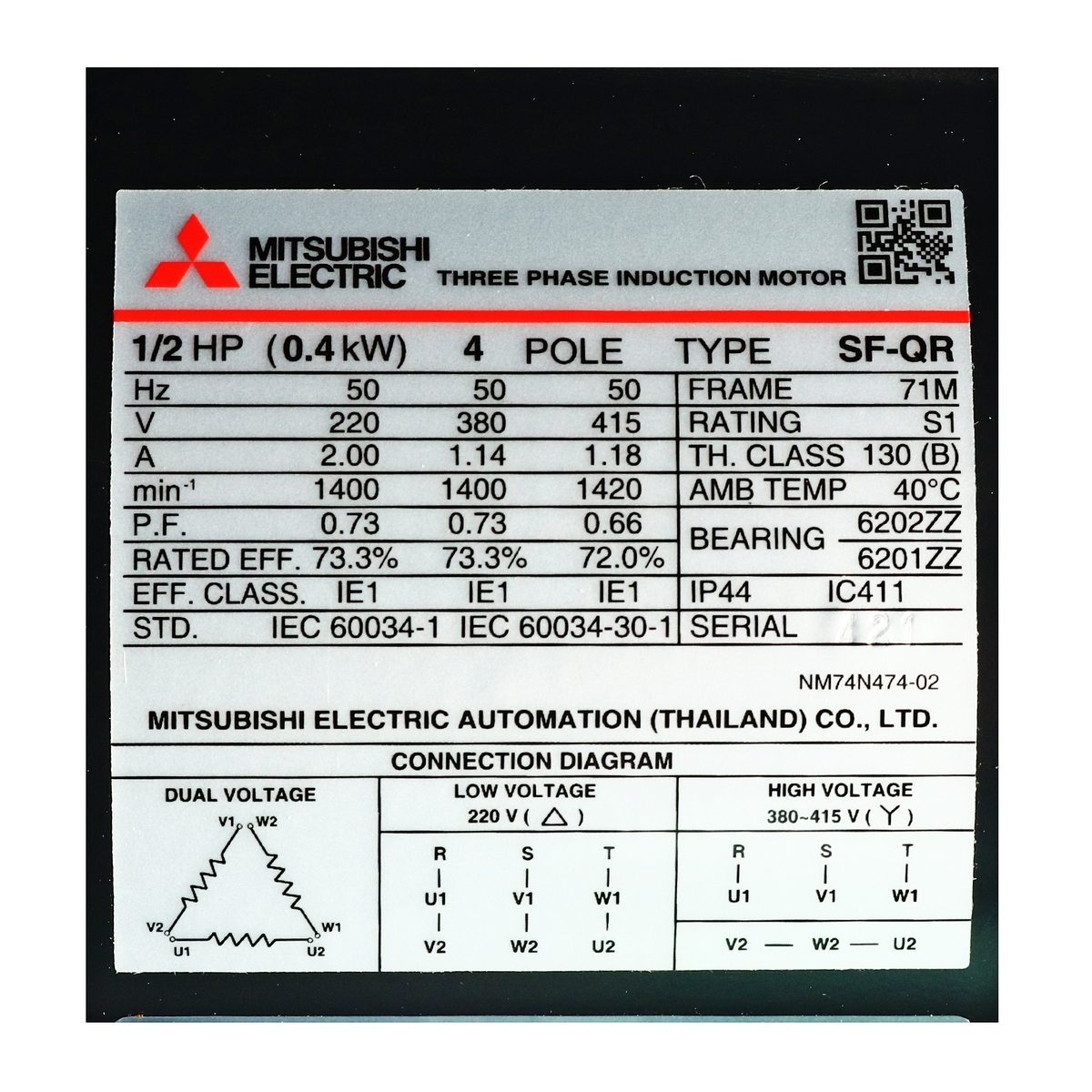 MITSUBISHI มอเตอร์ รุ่น SF-QR กำลัง 1/2 แรงม้า (0.4 กิโลวัตต์) ชนิดหุ้มมิด 3 เฟส 220/380 โวลต์ 4 โพล 3 สาย IP44 ความเร็วรอบ 1450 รอบ/นาที (ม