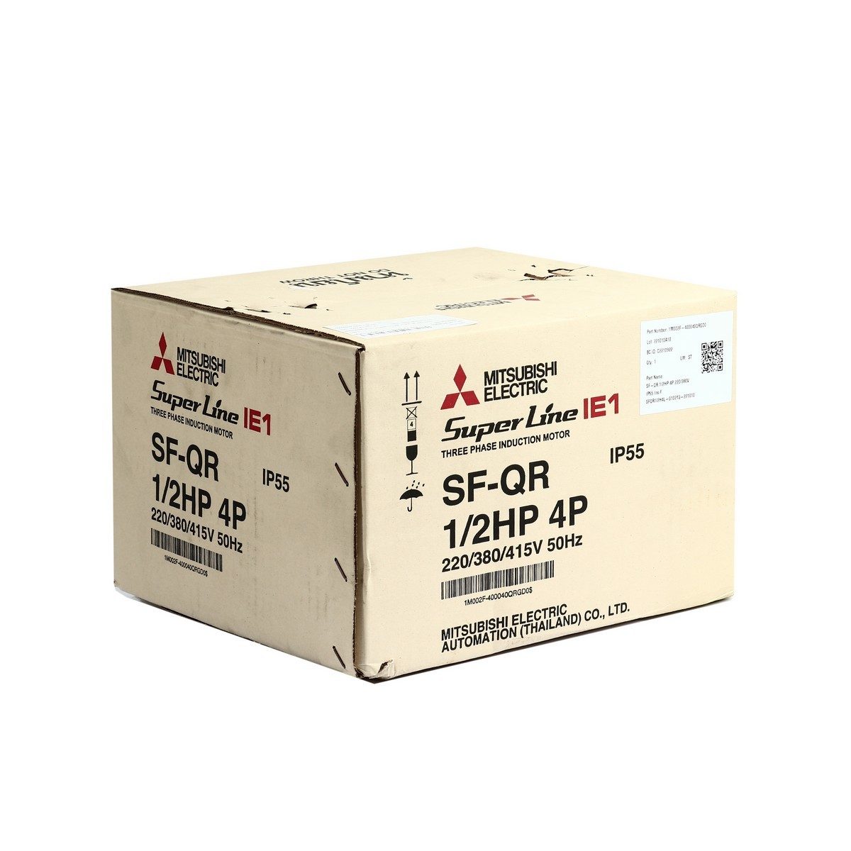 MITSUBISHI มอเตอร์ รุ่น SF-QR ชนิดหุ้มมิด กำลัง 1/2 แรงม้า (0.4 กิโลวัตต์) 3 เฟส 220/380 โวลต์ 4 โพล 3 สาย IP55 ความเร็วรอบ 1450 รอบ/นาที (ม