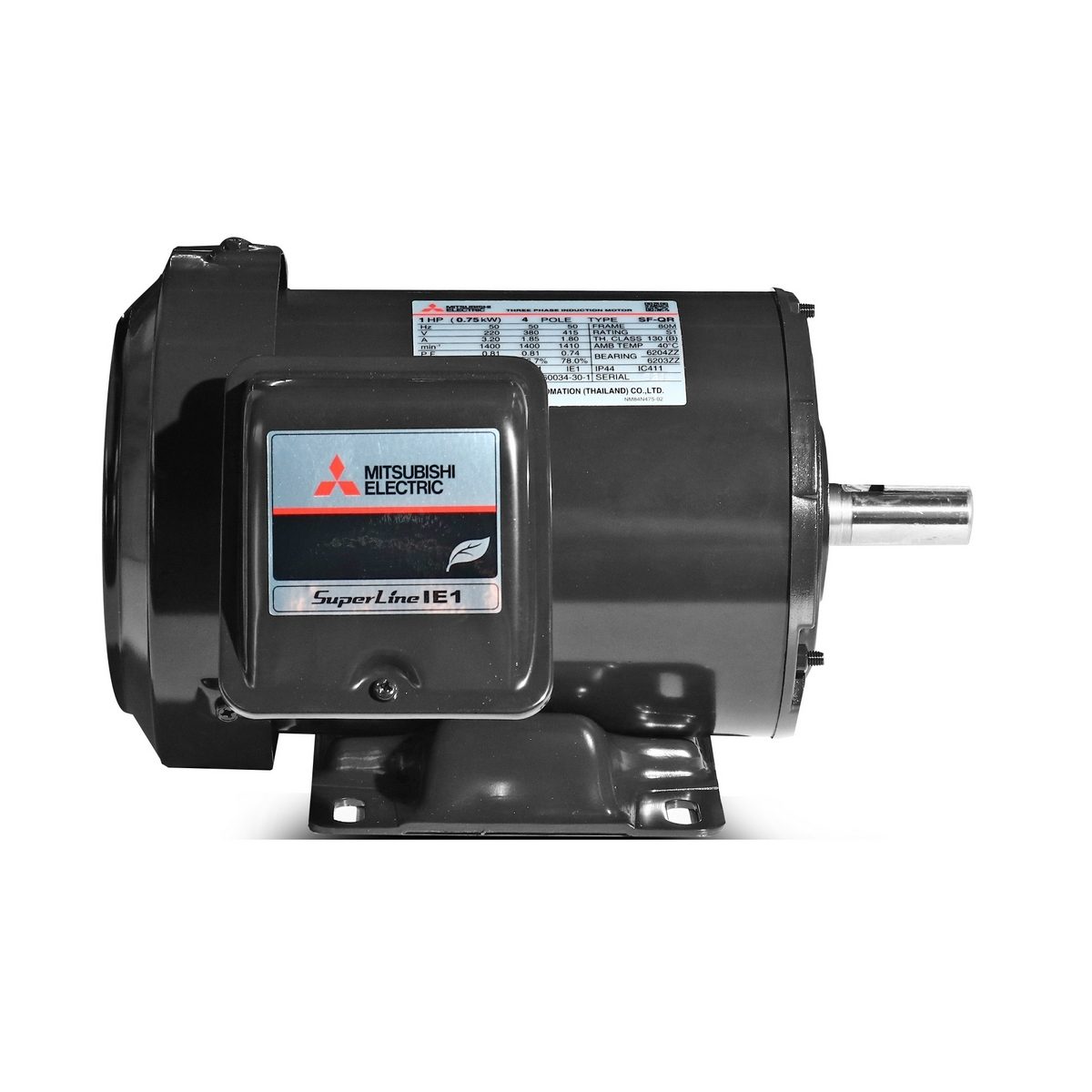 MITSUBISHI มอเตอร์ รุ่น SF-QR กำลัง 1 แรงม้า (0.75 กิโลวัตต์) ชนิดหุ้มมิด 3 เฟส 220/380 โวลต์ 4 โพล 3 สาย IP44 ความเร็วรอบ 1450 รอบ/นาที (มิ
