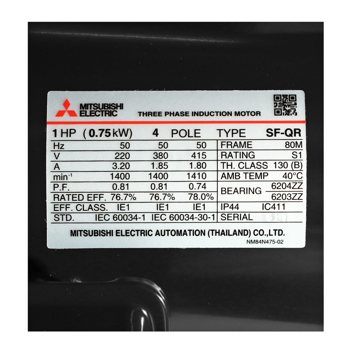 MITSUBISHI มอเตอร์ รุ่น SF-QR กำลัง 1 แรงม้า (0.75 กิโลวัตต์) ชนิดหุ้มมิด 3 เฟส 220/380 โวลต์ 4 โพล 3 สาย IP44 ความเร็วรอบ 1450 รอบ/นาที (มิ