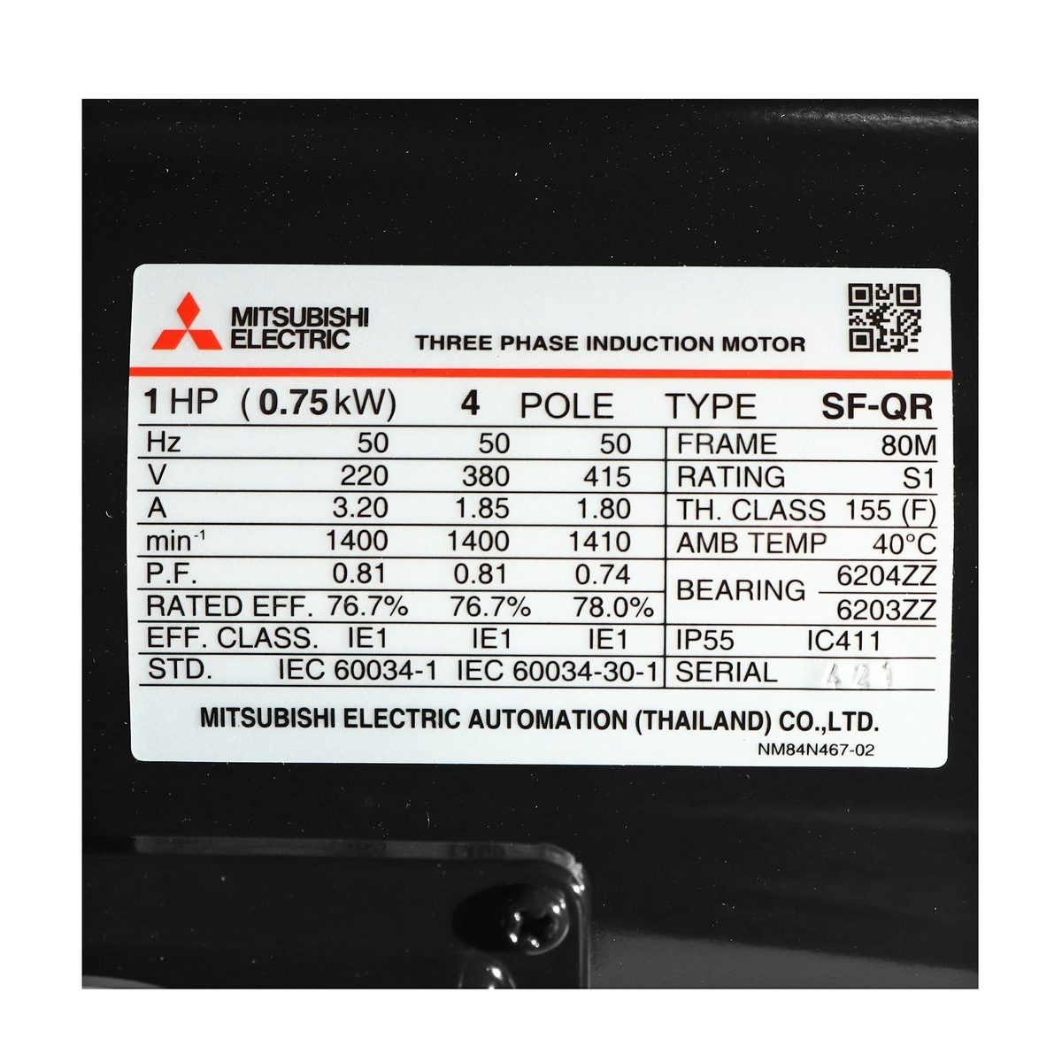 MITSUBISHI มอเตอร์ รุ่น SF-QR กำลัง 1 แรงม้า (0.75 กิโลวัตต์) ชนิดหุ้มมิด 3 เฟส 220/380 โวลต์ 4 โพล 3 สาย IP55 ความเร็วรอบ 1450 รอบ/นาที (มิ