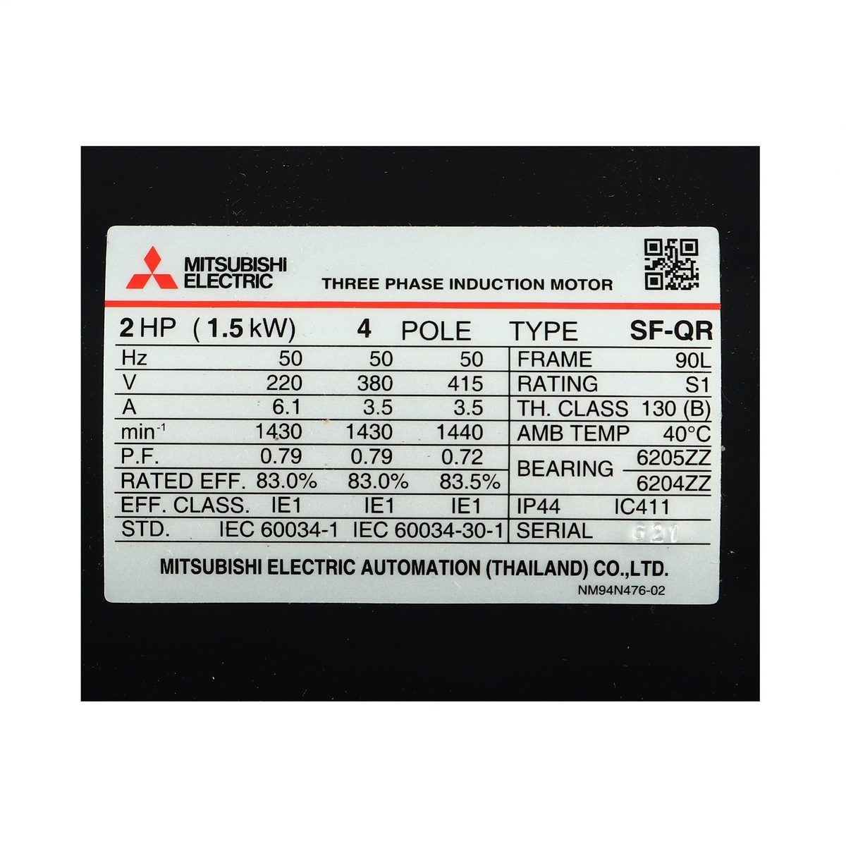MITSUBISHI มอเตอร์ รุ่น SF-QR กำลัง 2 แรงม้า (1.5 กิโลวัตต์) ชนิดหุ้มมิด 3 เฟส 220/380 โวลต์ 4 โพล 3 สาย IP44 ความเร็วรอบ 1450 รอบ/นาที (มิต