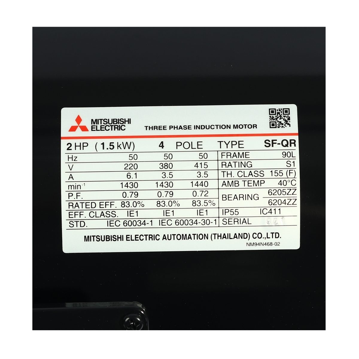 MITSUBISHI มอเตอร์ รุ่น SF-QR กำลัง 2 แรงม้า (1.5 กิโลวัตต์) ชนิดหุ้มมิด 3 เฟส 220/380 โวลต์ 4 โพล 3 สาย IP55 ความเร็วรอบ 1450 รอบ/นาที (มิต