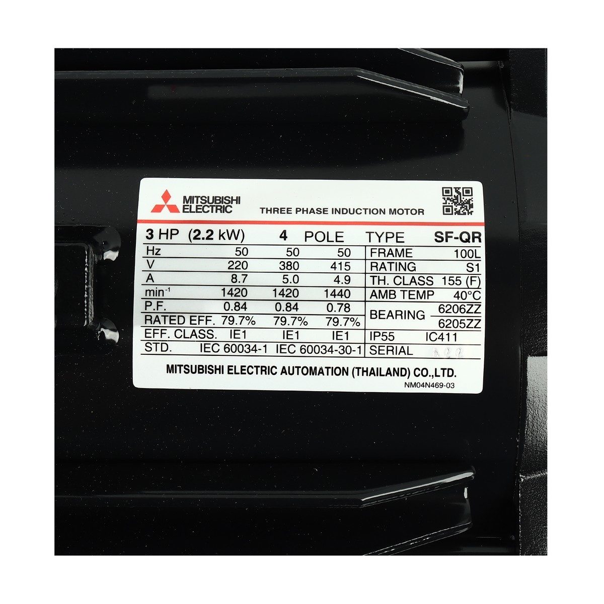 MITSUBISHI มอเตอร์ รุ่น SF-QR กำลัง 3 แรงม้า (2.2 กิโลวัตต์) ชนิดหุ้มมิด 3 เฟส 220/380 โวลต์ 4 โพล 3 สาย IP44 ความเร็วรอบ 1450 รอบ/นาที (มิต