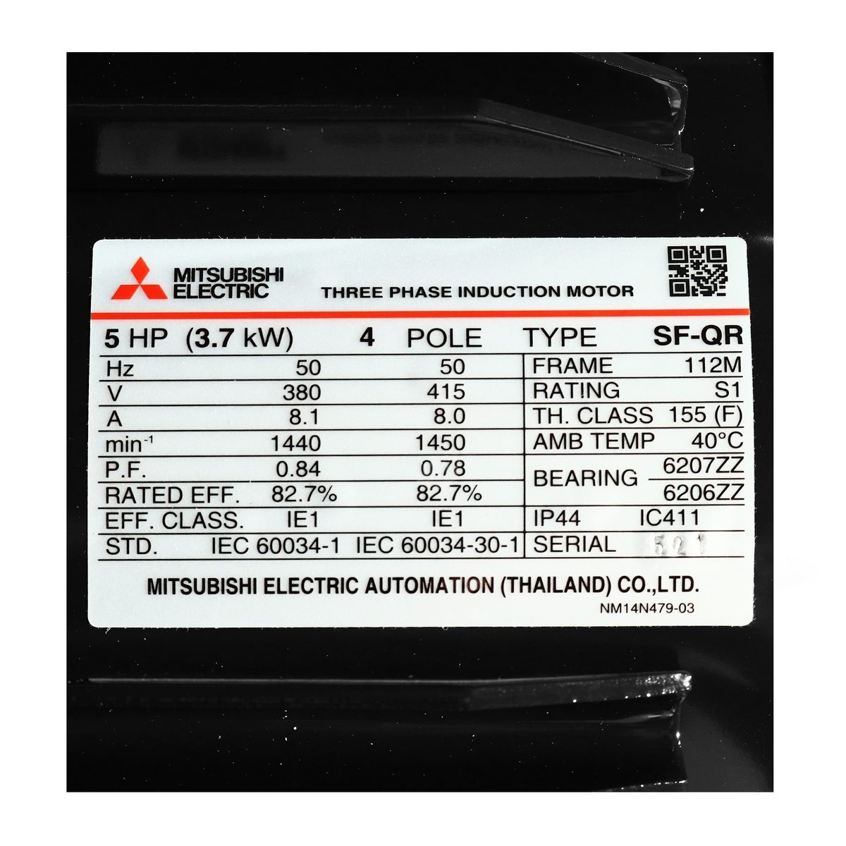 MITSUBISHI มอเตอร์ รุ่น SF-QR กำลัง 5 แรงม้า (3.7 กิโลวัตต์) ชนิดหุ้มมิด 3 เฟส 380/415 โวลต์ 4 โพล 3 สาย IP44 ความเร็วรอบ 1450 รอบ/นาที (มิต