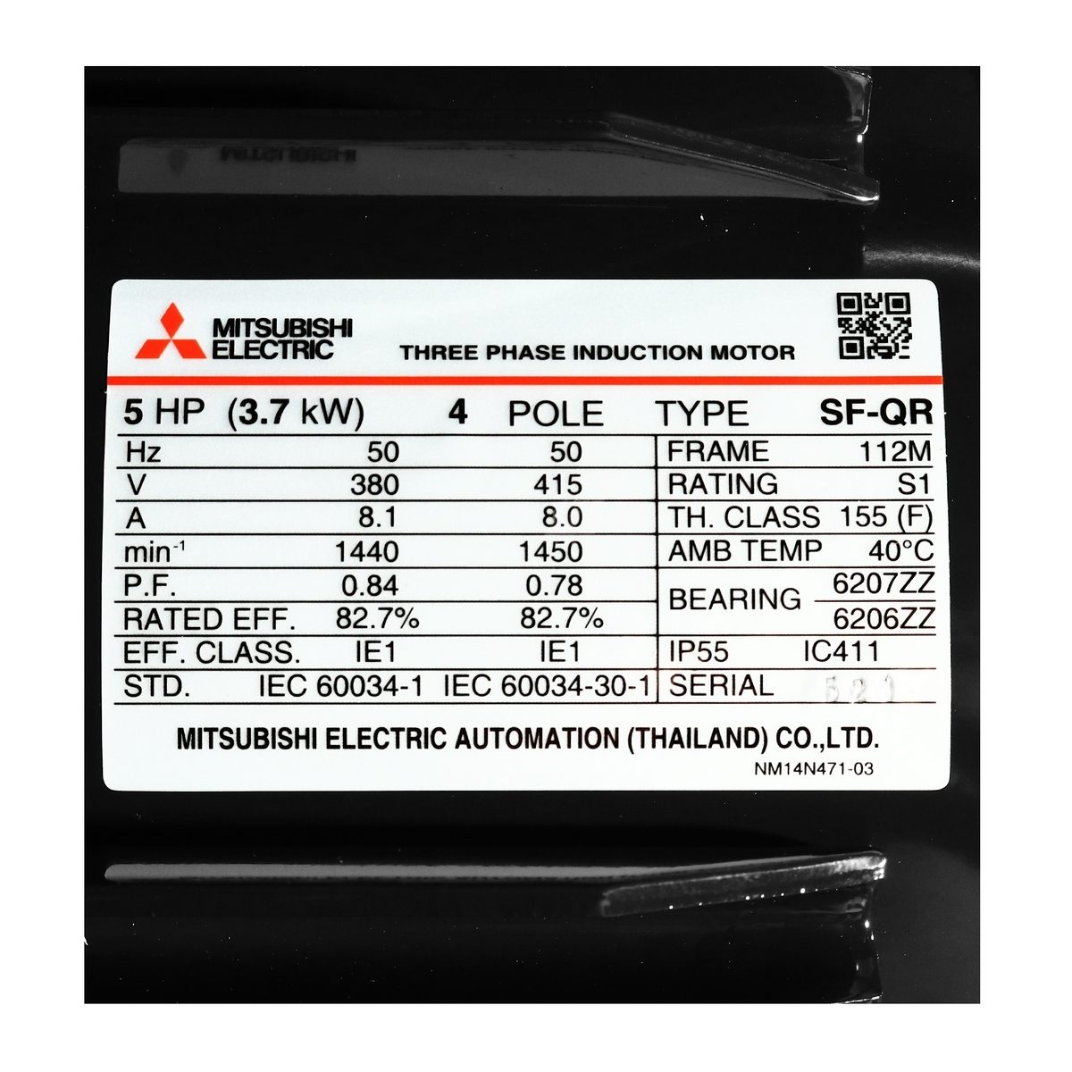 MITSUBISHI มอเตอร์ รุ่น SF-QR กำลัง 5 แรงม้า (3.7 กิโลวัตต์) ชนิดหุ้มมิด 3 เฟส 380/415 โวลต์ 4 โพล 3 สาย IP55 ความเร็วรอบ 1450 รอบ/นาที (มิต