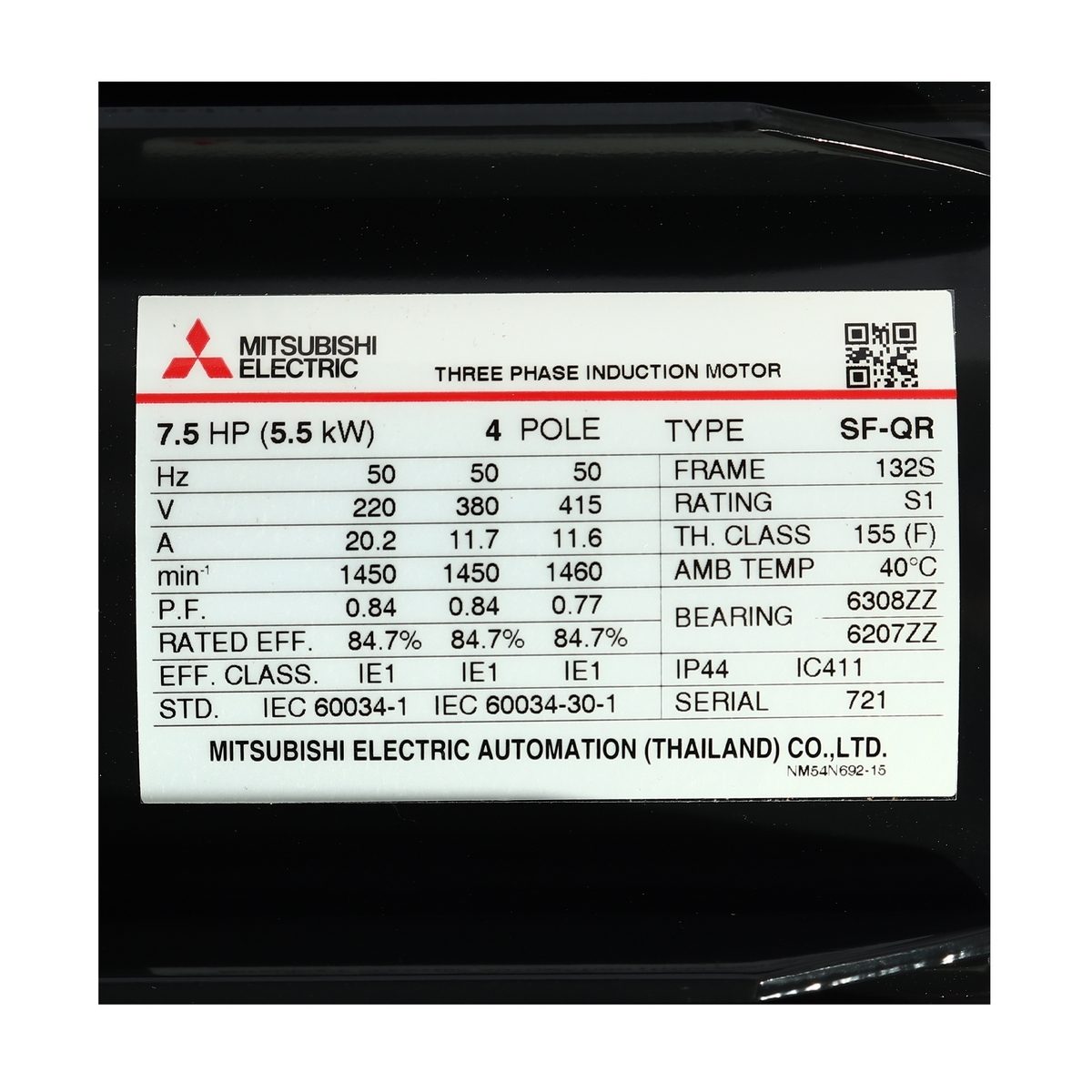 MITSUBISHI มอเตอร์ รุ่น SF-QR กำลัง 7.5 แรงม้า (5.5 กิโลวัตต์) ชนิดหุ้มมิด 3 เฟส 220/380 โวลต์ 4 โพล 3 สาย IP44 ความเร็วรอบ 1450 รอบ/นาที (ม
