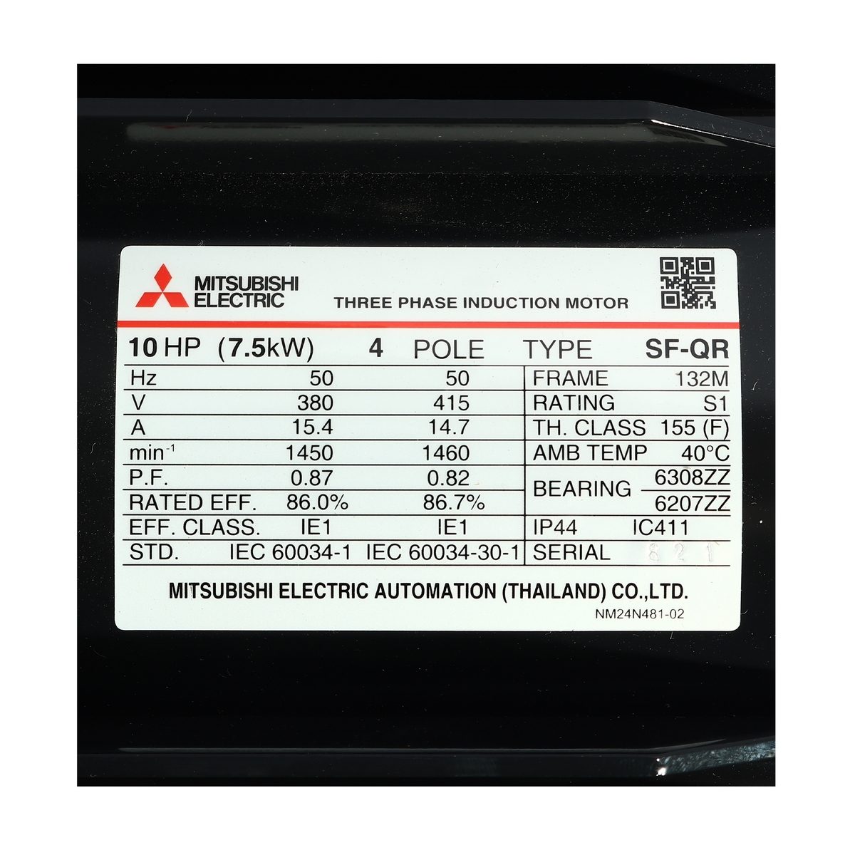 MITSUBISHI มอเตอร์ รุ่น SF-QR กำลัง 10 แรงม้า (7.5 กิโลวัตต์) ชนิดหุ้มมิด 3 เฟส 380/415 โวลต์ 4 โพล 3 สาย IP44 ความเร็วรอบ 1450 รอบ/นาที (มิ