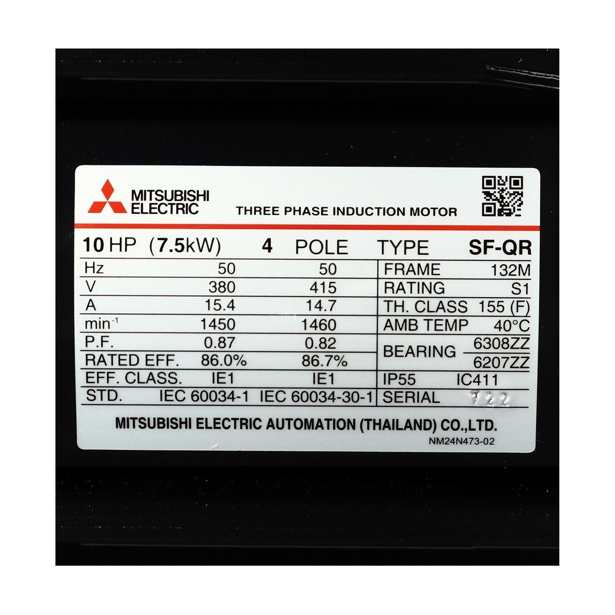 MITSUBISHI มอเตอร์ รุ่น SF-QR กำลัง 10 แรงม้า (7.5 กิโลวัตต์) ชนิดหุ้มมิด 3 เฟส 380/415 โวลต์ 4 โพล 3 สาย IP55 ความเร็วรอบ 1450 รอบ/นาที (มิ