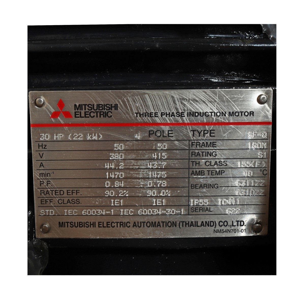 MITSUBISHI มอเตอร์ รุ่น SF-Q กำลัง 30 แรงม้า (22 กิโลวัตต์) ชนิดหุ้มมิด 3 เฟส 380/415 โวลต์ 4 โพล 3 สาย IP55 ความเร็วรอบ 1450 รอบ/นาที (มิตซ