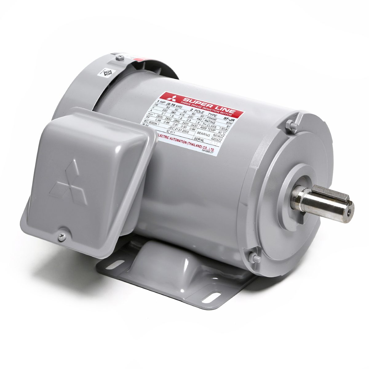 MITSUBISHI มอเตอร์ รุ่น SF-QR ชนิดหุ้มมิด กำลัง 1 แรงม้า (0.75 กิโลวัตต์) 3 เฟส 220/380 โวลต์ 2 โพล 3 สาย IP44 ความเร็วรอบ 2890 รอบ/นาที (มิ