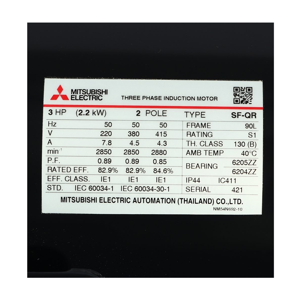 MITSUBISHI มอเตอร์ รุ่น SF-QR กำลัง 3 แรงม้า (2.2 กิโลวัตต์) ชนิดหุ้มมิด 3 เฟส 220/380 โวลต์ 2 โพล 3 สาย IP44 ความเร็วรอบ 2890 รอบ/นาที (มิต