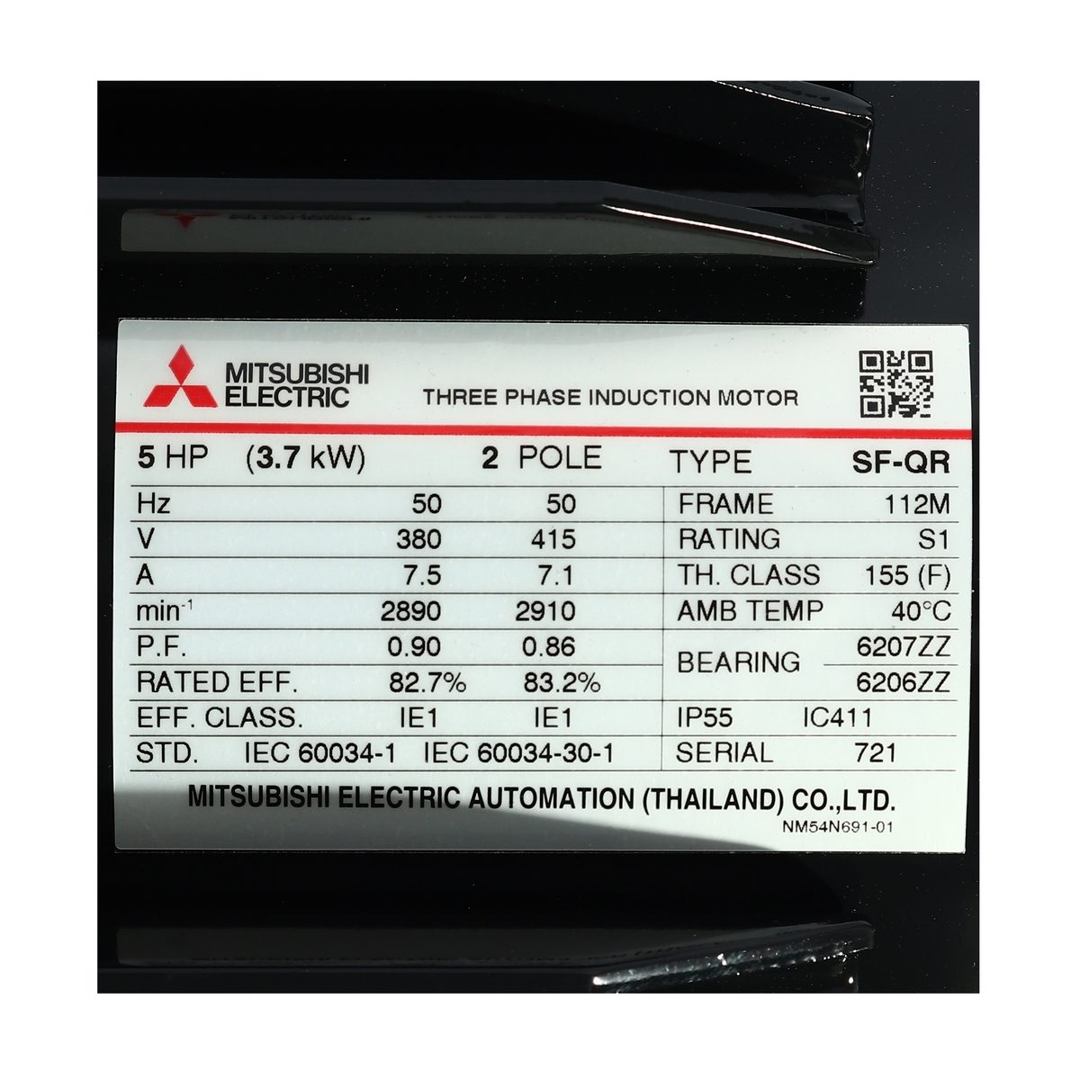 MITSUBISHI มอเตอร์ รุ่น SF-QR กำลัง 5 แรงม้า (3.7 กิโลวัตต์) ชนิดหุ้มมิด 3 เฟส 380/415 โวลต์ 2 โพล 3 สาย IP55 ความเร็วรอบ 2890 รอบ/นาที (มิต