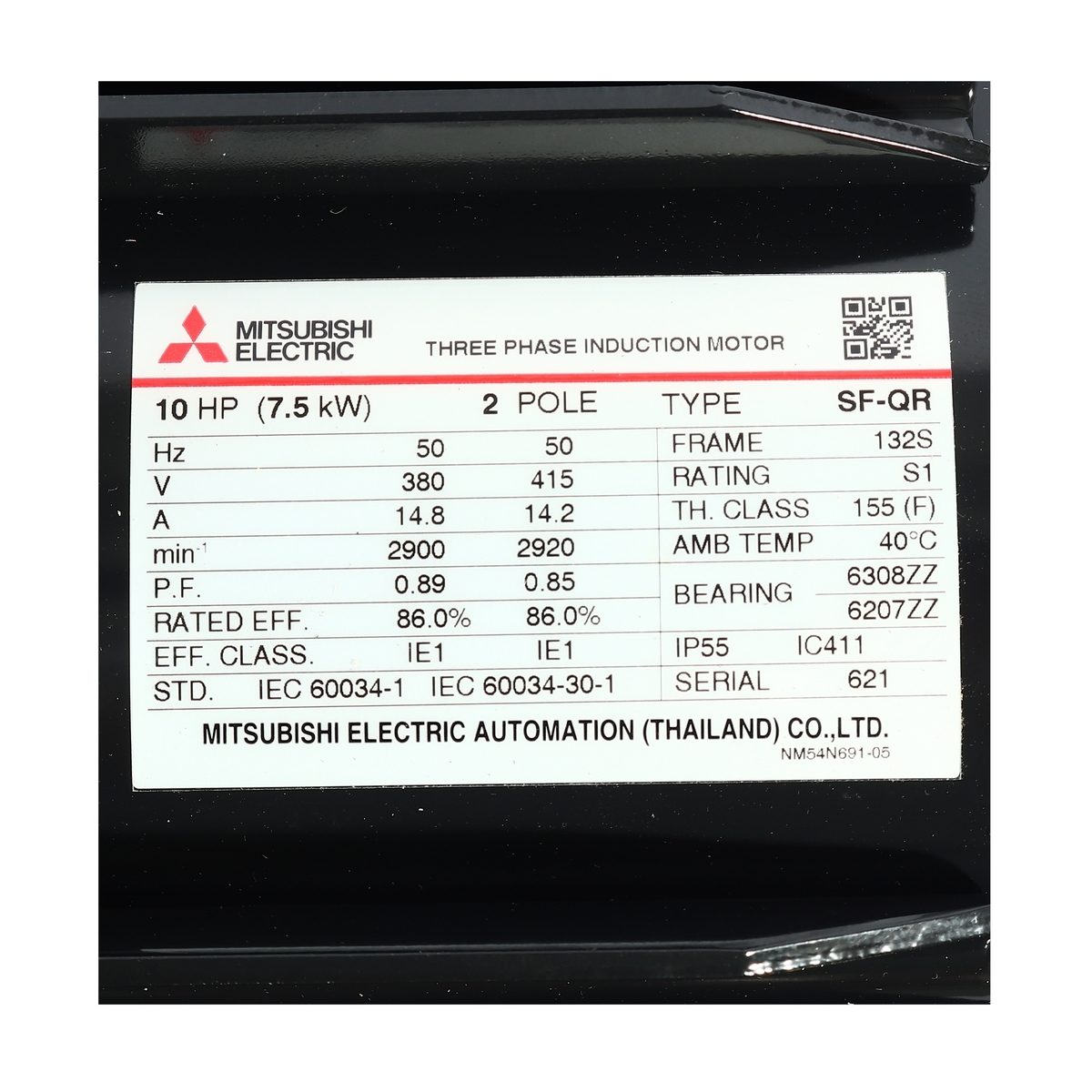 MITSUBISHI มอเตอร์ รุ่น SF-QR กำลัง 10 แรงม้า (7.5 กิโลวัตต์) ชนิดหุ้มมิด 3 เฟส 380/415 โวลต์ 2 โพล 3 สาย IP55 ความเร็วรอบ 2890 รอบ/นาที (มิ