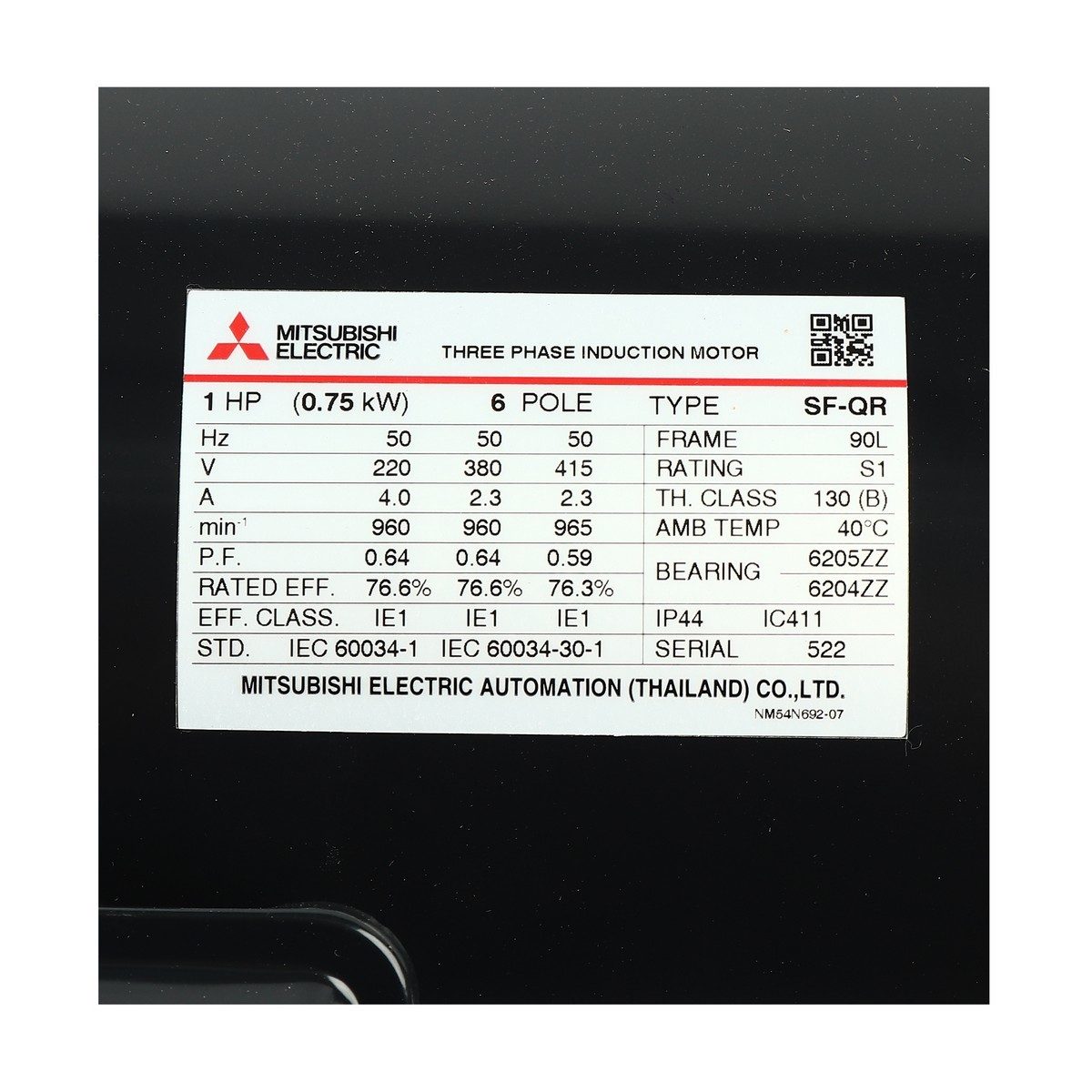MITSUBISHI มอเตอร์ รุ่น SF-QR ชนิดหุ้มมิด กำลัง 1 แรงม้า (0.75 กิโลวัตต์) 3 เฟส 220/380 โวลต์ 6 โพล 3 สาย IP44 รอบช้า 950 รอบ/นาที (มิตซูบิช