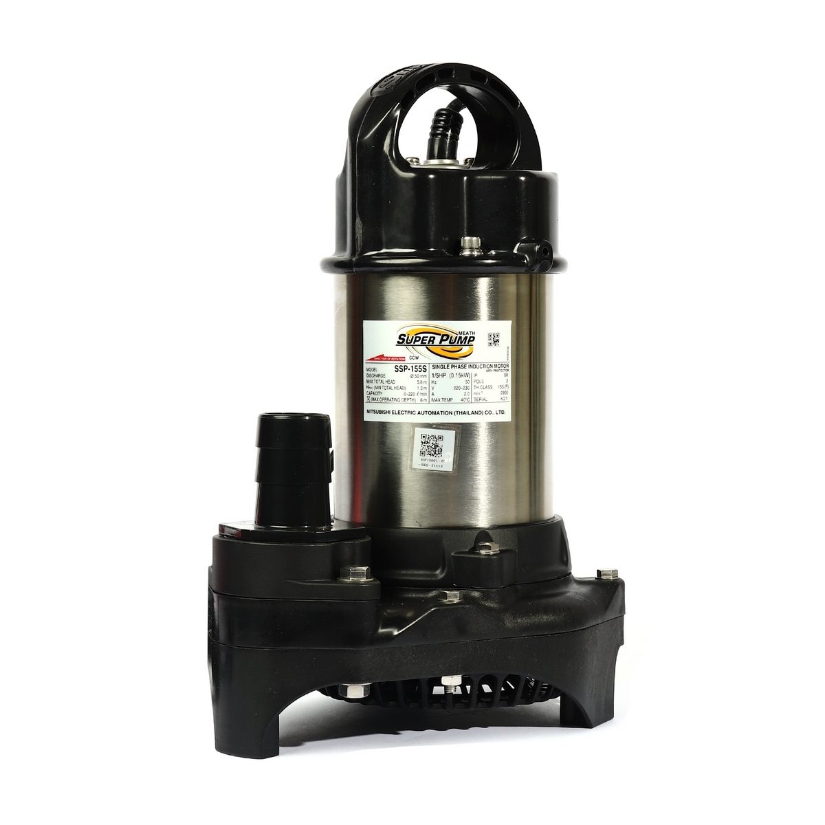 MITSUBISHI ปั๊มแช่สแตนเลส รุ่น SSP-155S กำลัง 1/5 แรงม้า ขนาดท่อ 1 1/2 นิ้ว ไฟ 220V ระยะส่งสูงสุด 5.6 เมตร ปริมาณน้ำสุงสุด 220 ลิตร/นาที สำห