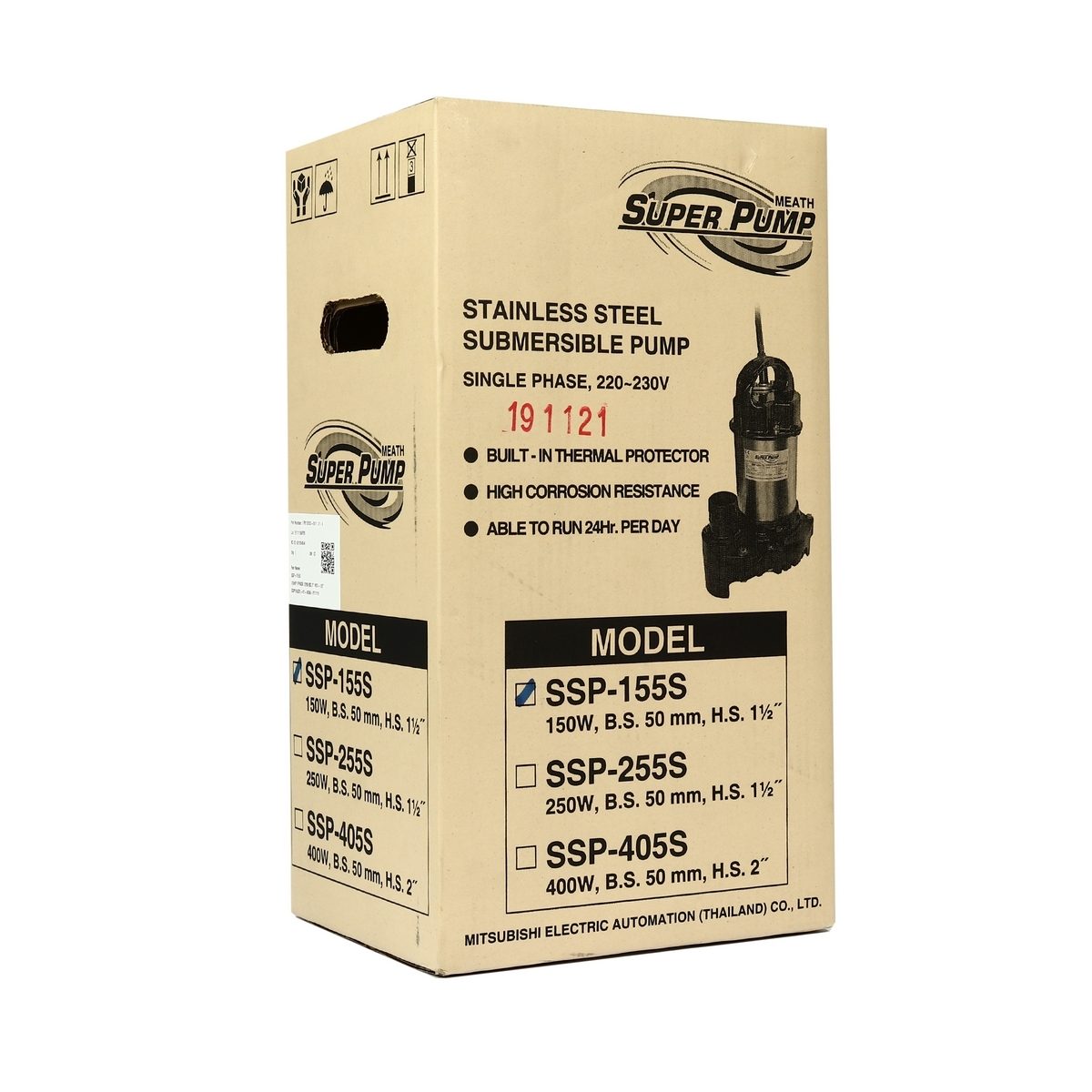 MITSUBISHI ปั๊มแช่สแตนเลส รุ่น SSP-155S กำลัง 1/5 แรงม้า ขนาดท่อ 1 1/2 นิ้ว ไฟ 220V ระยะส่งสูงสุด 5.6 เมตร ปริมาณน้ำสุงสุด 220 ลิตร/นาที สำห