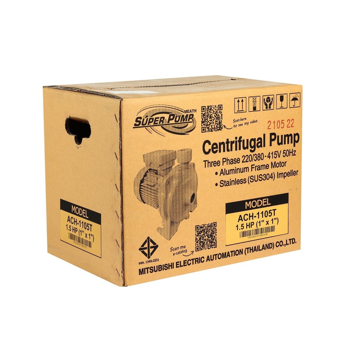 MITSUBISHI ปั๊มน้ำหอยโข่ง ชนิดส่งสูง ขนาด 1.5 HP 380V รุ่น ACH-1105T ขนาดท่อ 1"x1" ระยะส่ง 16.4-34.3 เมตร ปริมาณน้ำ 50-130 ลิตรต่อนาที เหมาะ