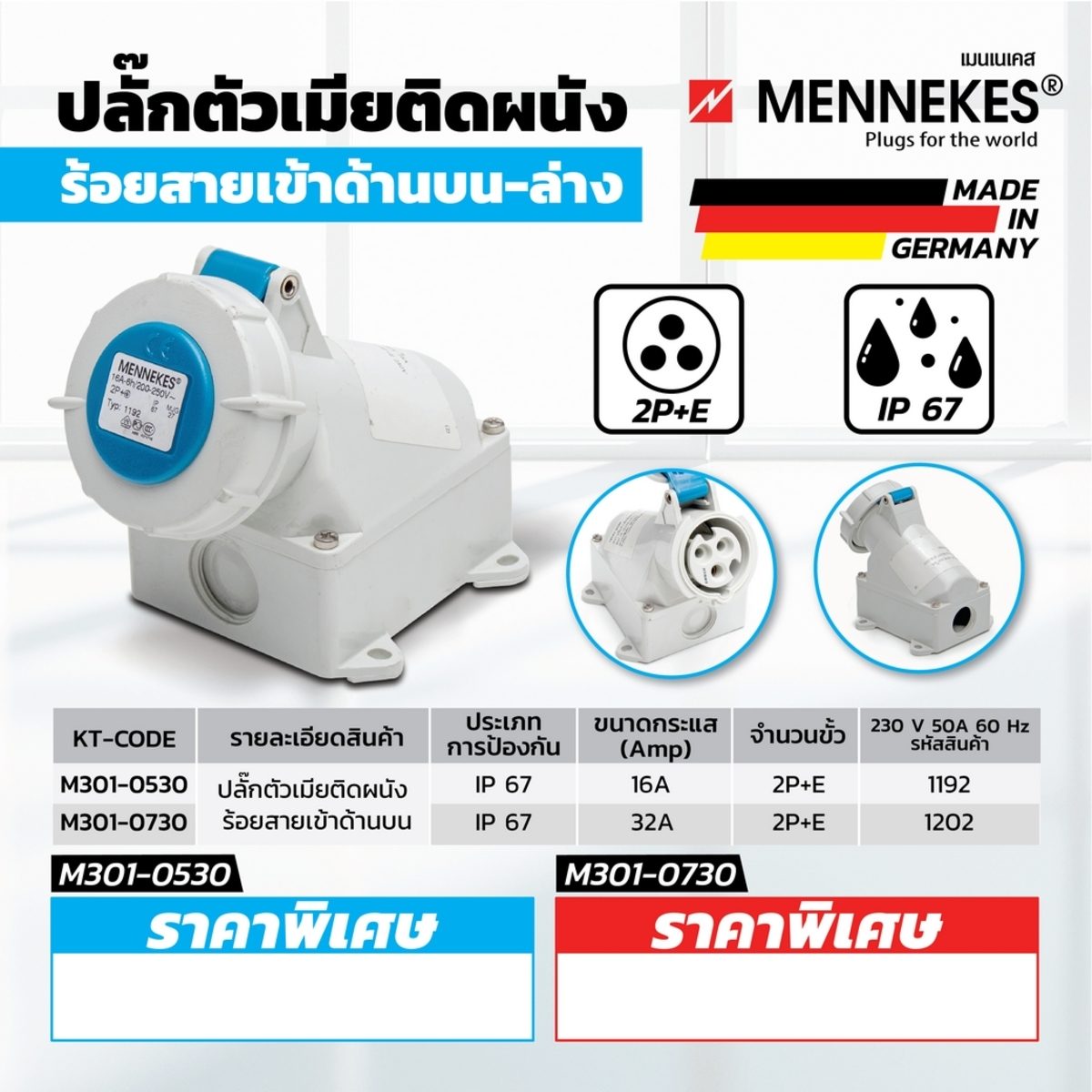 IP67 ปลั๊กตัวเมียติดผนัง2P+E 230/32(1202