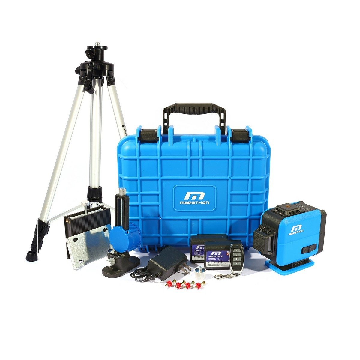 MARATHON เครื่องวัดระดับเลเซอร์แสงเขียว 12 เส้น และถ่านแบตเตอรี่ Li-ion 2 ก้อน รุ่น E801 พร้อมขาตั้ง 1.2 เมตร สำหรับใช้ภายในอาคาร และภายนอกอ