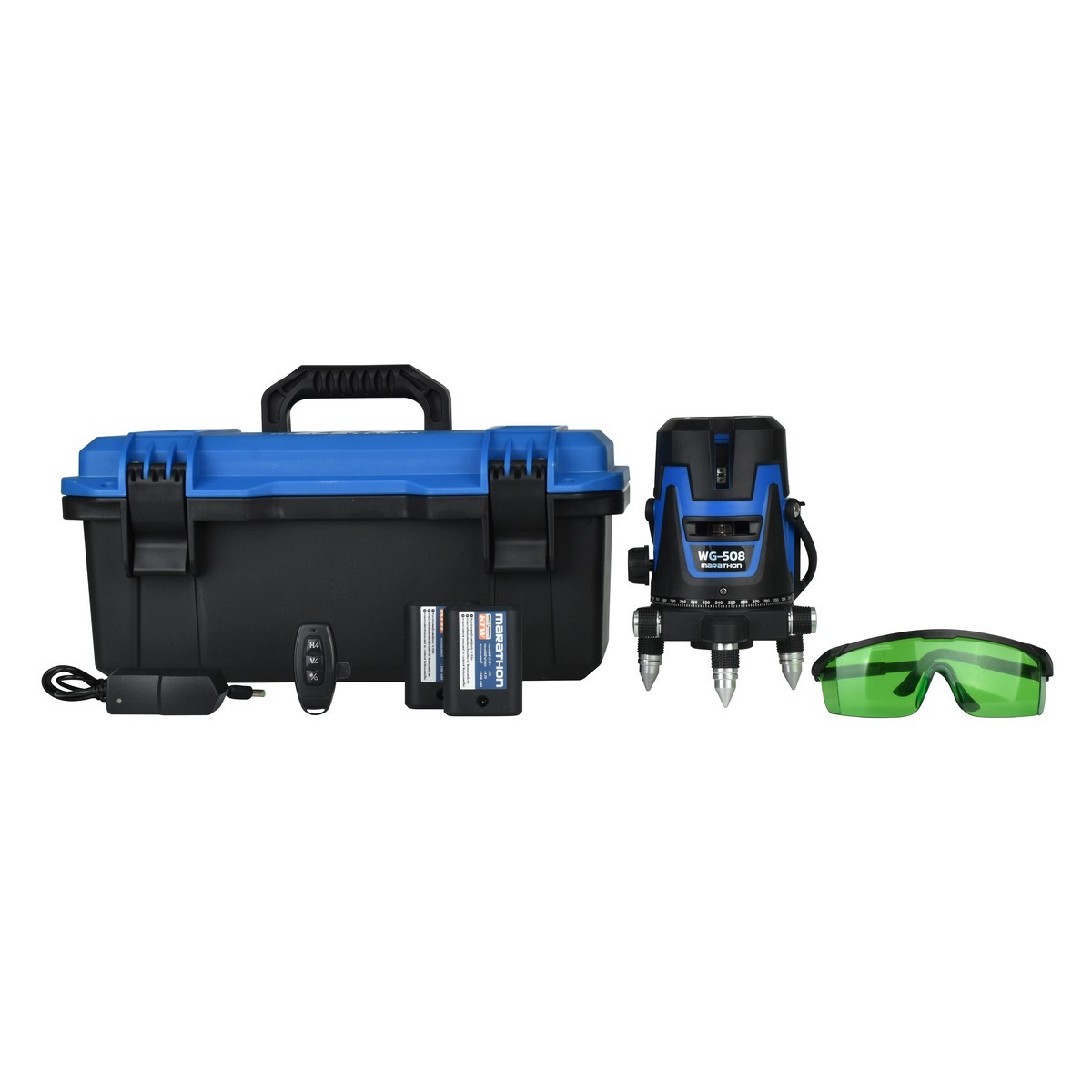 MARATHON เครื่องวัดระดับเลเซอร์แสงเขียว และถ่านแบตเตอรี่ Li-ion 2 ก้อน รุ่น WG-508 พร้อมขาตั้ง 1.2 เมตร สำหรับใช้ภายในอาคาร และภายนอกอาคารใน
