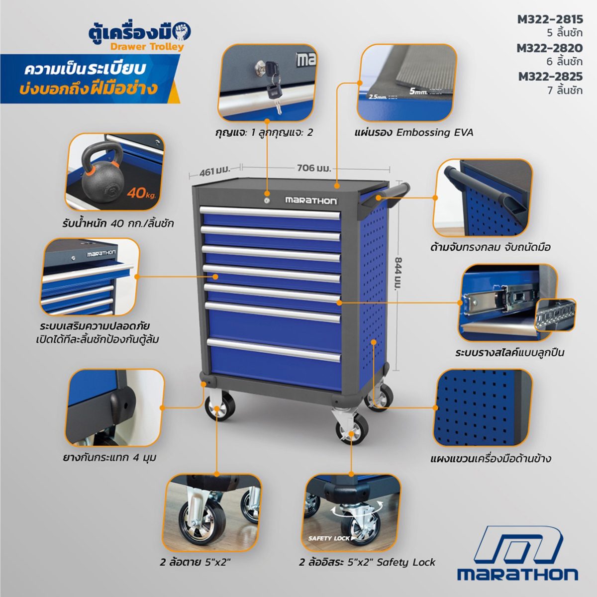 MARATHON ตู้เปล่าใส่เครื่องมือ 6 ลิ้นชัก 706X451X844 มม. รับน้ำหนักได้สูงสุด 40 กก./ลิ้นชัก มีระบบล็อคป้องกันความปลอดภัย MIS Function เปิดได