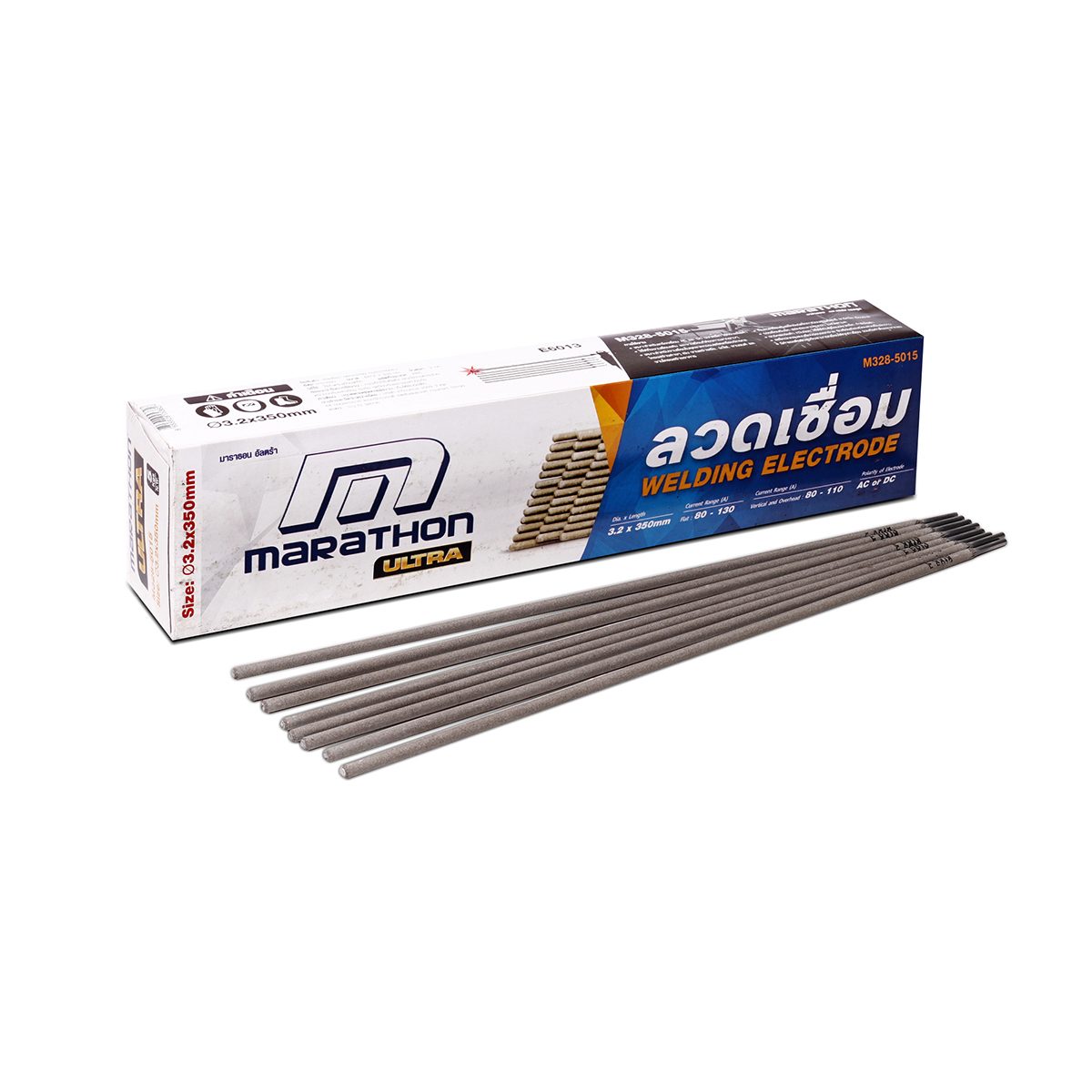 MARATHON ลวดเชื่อมไฟฟ้า 3.2 มม. ยาว 350 มม. รุ่น E6013 สำหรับเครื่องเชื่อม AC และ DC ขนาดเล็ก น้ำหนัก 5 กก./แพ็ค (20 กก./ลัง) (จำหน่าย 4 แพ็