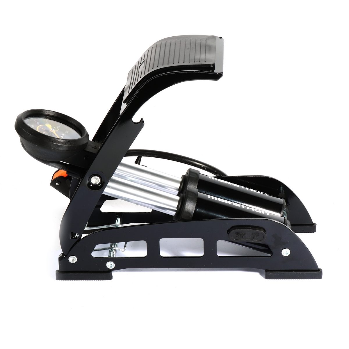 ที่สูบลม สูบคู่ เท้าเหยียบ มาราธอน (MARATHON) รุ่น DPM-44 ขนาดกระบอกสูบ 44x110 มม. ขนาดท่อข้างในกระบอก 22x105 มม. พร้อมเกจวัดแรงดันขนาดใหญ่ 
