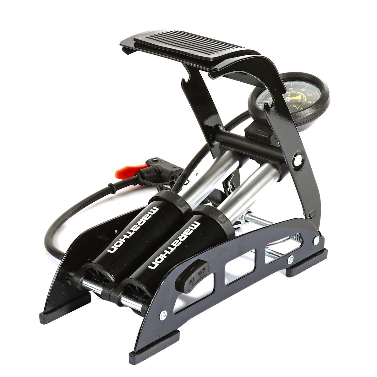 ที่สูบลม สูบคู่ เท้าเหยียบ มาราธอน (MARATHON) รุ่น DPM-44 ขนาดกระบอกสูบ 44x110 มม. ขนาดท่อข้างในกระบอก 22x105 มม. พร้อมเกจวัดแรงดันขนาดใหญ่ 